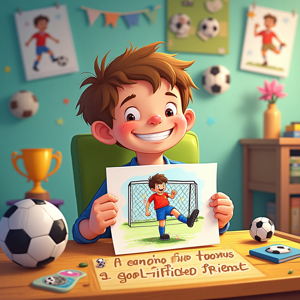 **Image Prompt:**

Create a vibrant, whimsical scene in a cartoon style featuring a boy with light brown hair, sitting at a colorful desk in a lively room filled with soccer-themed decorations. The boy is sketching a picture of himself playing soccer, with a big, cheeky grin on his face. The drawing shows him with exaggeratedly large feet kicking a soccer ball into the net, capturing a humorous, triumphant moment. Around him, include details like playful soccer balls, a trophy, and posters of famous soccer players.

**Add Text:**

In a fun, bold font, include a caption at the bottom of the image: "Thanks for being a goal-ified friend!"
Generated with these themes: A boy with light brown hair drawing a picture of himself playing soccer, and .
Made with ❤️ by AI.