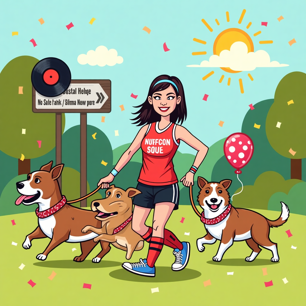 At the top of the vector image: "Happy Birthday Jackie – Keep Steppin’, Waggin’, Shimmyin’ & Scorin’!"

Prompt for the image:  
Create a humorous vector illustration showing a lively, chaotic scene in a colourful park setting. A determined woman (Jackie) is dog-walking four hyperactive dogs — one wearing a Leicester City FC scarf, another doing a Zumba move, one dancing the Northern Soul spin with paws in the air, and one proudly carrying a birthday balloon in its mouth. Jackie is wearing a glittery Zumba outfit and football boots, with a Northern Soul badge pinned to her headband. In the background, there's a spinning vinyl record acting as the sun, a street sign pointing to "Wigan Casino / King Power Stadium / Dog Park / Zumba Class", and scattered birthday confetti raining from the sky. Everything is in clean, bold, flat vector style with exaggerated facial expressions for extra comedic effect.
Generated with these themes: Dog walking, Northern Soul, Leicester City Football Club, and Zumba.
Made with ❤️ by AI.