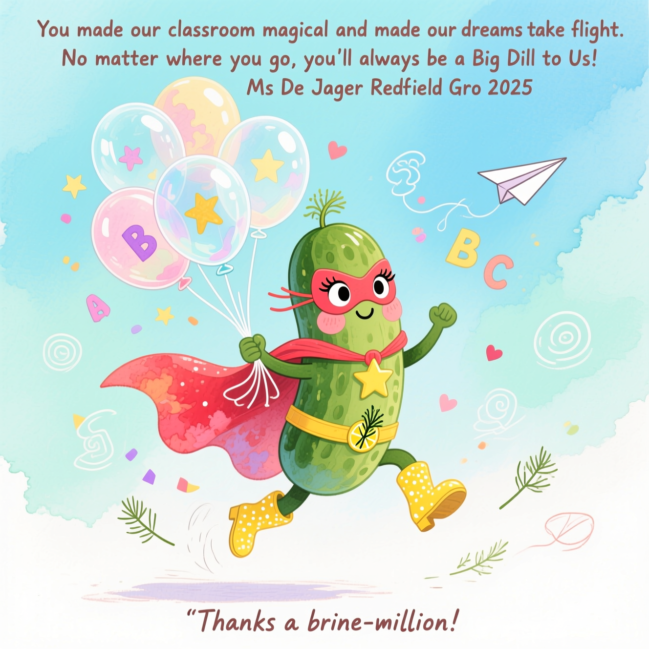 Female superhero Pickle, Holding transparent balloons, , and Thank-you Card