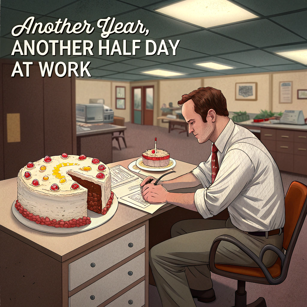 ### Image Prompt

Capture a photorealistic scene set in an impeccably neat office environment reminiscent of the show "Severance". In the foreground, a worker sits at a vintage office desk, peering over at a large birthday cake that has been sliced perfectly in half, echoing the show's theme of divided lives. The office lighting is sharp and clinical, accentuating the cake's vibrant colors against the subdued background. 

### Text

At the top of the image: "Another Year, Another Half Day at Work!"

At the bottom of the image: "Just kidding, we all know your outie side is still working overtime. Happy Birthday!"
Generated with these themes: Severance (TV show), and .
Made with ❤️ by AI.