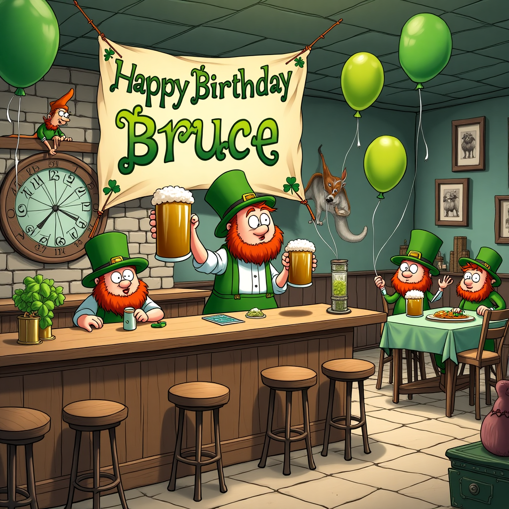 In the center of the birthday card's cover, we find ourselves in a lively Irish pub, reminiscent of a Charles Schulz and Bill Watterson-inspired cartoon. The scene is set with a rich oak bar counter running along the bottom of the illustration, polished to a shine, lined with stools where leprechauns with bright green hats and merry eyes sit clinking their mugs filled with frothy golden beer. The bartender, a jovial character with a twinkle in his eye and a red beard, stands behind the counter. He's animatedly talking to a life-sized pint of Guinness with legs, who's sitting on a stool and wearing a tiny hat, holding a mug as well—clearly in on the joke.

Behind the counter, there's a collection of quirky paraphernalia including a dartboard with darts haphazardly stuck, a shelf lined with mugs of all shapes and sizes, and a mirror reflecting the room's gaiety. Above the dartboard, a banner hangs, crafted to look like an ancient scroll, with "Happy Birthday Bruce" emblazoned across it in bold, playful Celtic letters that twist and turn like ivy vines, making the name stand out proudly.

The background of the pub is filled with rustic charm: stone walls adorned with old maps of Ireland and photographs of sheep in fields. In a nod to Hergé’s adventurous spirit, a small framed Tintin-esque character is seen scaling the stones in the corner, holding onto a balloon shaped like a four-leaf clover, adding a cheeky touch to the scene. Above this bustling scene, balloons in various shades of green float up towards the ceiling, where the ceiling tiles are arranged to spell out "Bruce" in a subtle, clever fashion, easily missed at first glance but rewarding upon closer inspection.

To the side of the scene, a table hosts a lively party of anthropomorphic animals, including a tipsy kangaroo trying to use chopsticks to eat a plate of corned beef and cabbage, adding to the humor in a Gary Larson kind of way. At the very corner of the card, a little mouse with a green bowtie is seen attempting to cut a comically large slice of cake, with a tiny speech bubble above him that says, “Save some for Bruce!” giving a nod to the birthday recipient's ever-important presence.
Generated with these themes: Irish person in a bar, make it a funny joke.
Made with ❤️ by AI.