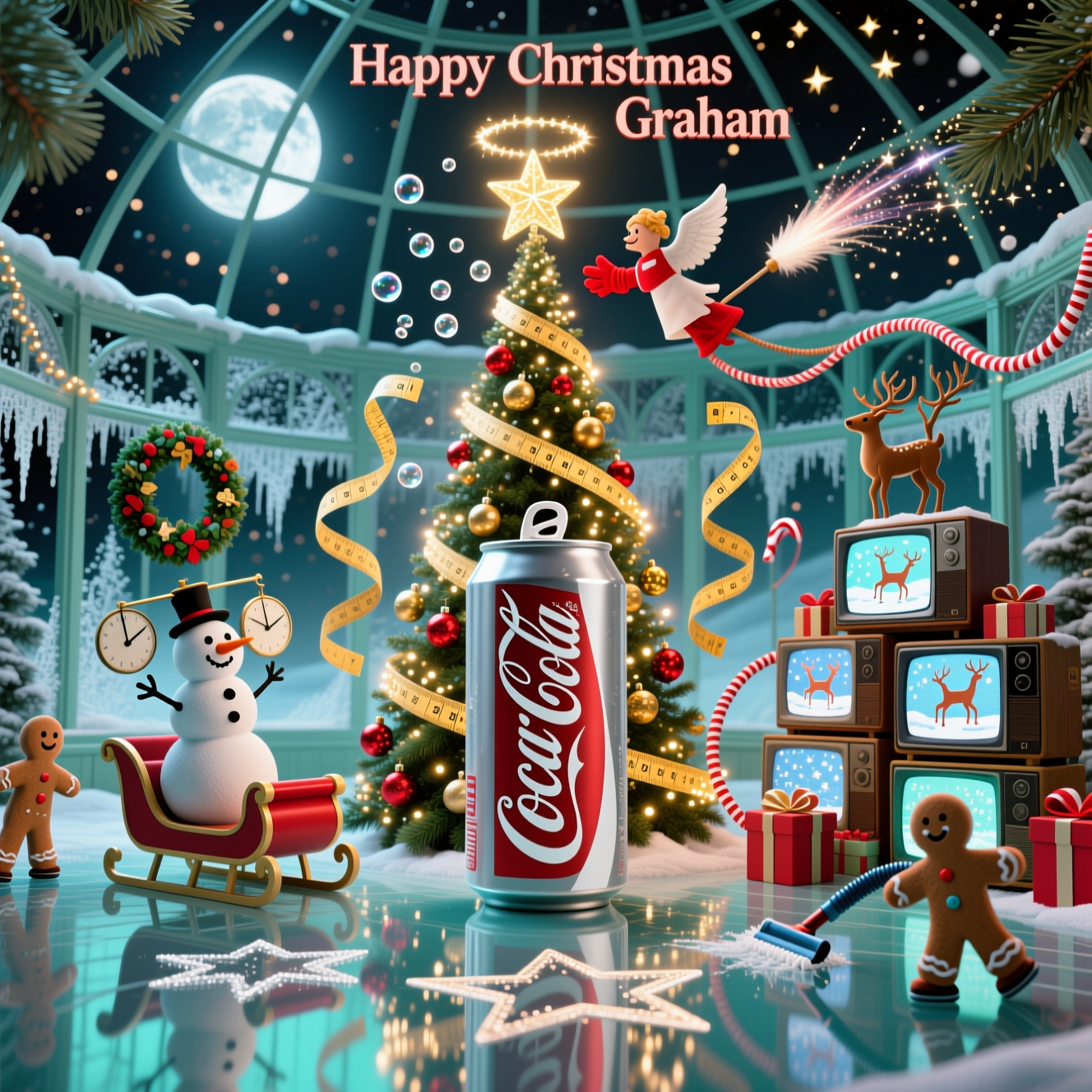 At the top of the Surreal Style image, Happy Christmas Graham

A dreamlike, Dali-inspired Christmas night inside a glass conservatory whose frosted panes gently sag like melting clocks; moonlight pours through, scattering ethereal bokeh over everything. In the center, a towering silver Diet Coke can unfurls into a sparkling Christmas tree: the pull-tab becomes a twinkling star, fizz-bubbles drift upward as glowing baubles, a caramel-cola ribbon spirals like a garland. Around it, a playful nod to Slimming World: golden measuring tapes float as a halo, a cheerful snowman balances on a sleigh-shaped set of scales, smiling, with a wreath of tiny tape-measure leaves. Cleaning magic swirls through the scene—comet-like feather dusters sweep pine-needle constellations across the air, a candy-cane hose vacuum glides like a reindeer, and a red rubber-glove angel perches atop the tree. To one side, a pyramid of retro TVs wrapped like presents; some screens play looping “snow” that escapes the glass and becomes real flakes, others show tinsel-jumping reindeer doing merry micro-workouts. Gingerbread helpers in aprons skate on a reflective floor, squeegeeing the glass into crystal-clear star shapes. Reflections shimmer, colors glow in icy teal, silver, cola-caramel, peppermint red, and soft gold; unexpected forms melt and float in a weightless, otherworldly, funny, festive mood. Render the title as frosted condensation lettering across the conservatory glass, luminous and crisp.

At the bottom in tiny playful type, add: Fizz the season to lighten up.
Generated with these themes: Conservatory, diet coke, slimming world, cleaning, tv, and .
Made with ❤️ by AI.
