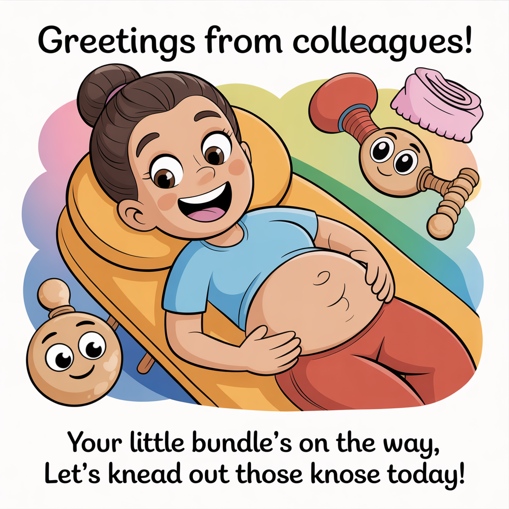 At the top of the image, "Greetings from colleagues!"

At the bottom of the image, "Your little bundle's on the way, let's knead out those knots today!"

- In the center of the image, create a cheerful cartoon scene of a delighted, soon-to-be mom with a visible baby bump, lying on a comfy massage table. Surround her with animated massage tools like a massage roller with eyes and a towel with a smile, all set against a colorful, soft background to emphasize the joyful and relaxing theme.
Generated with these themes: We'd like to congratulate our female colleague who will deliver a baby in a month. We will give her a massage gift card., and .
Made with ❤️ by AI.