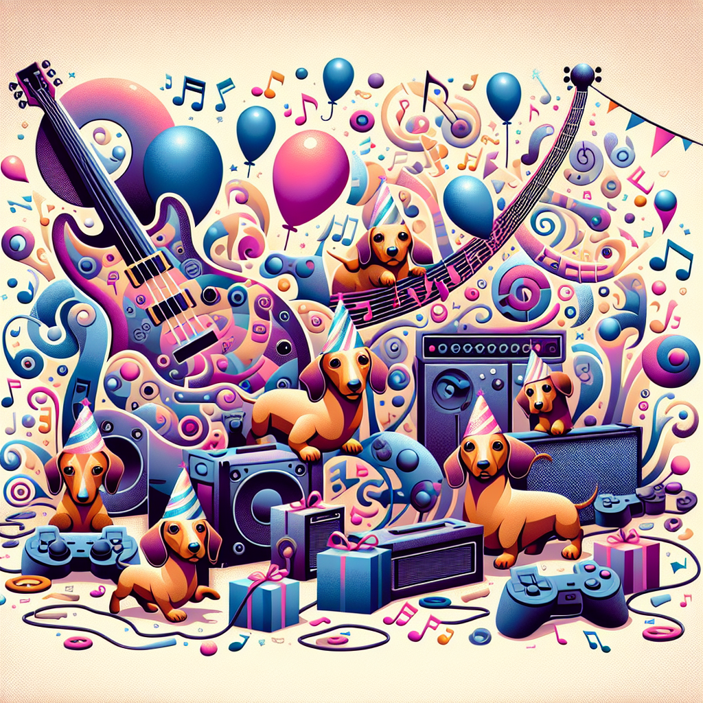 Conjure a whimsical abstract birthday party tableau with an adorable vibe. The design is centered by heavy metal influences, as signified by abstract shapes of guitars and amplifiers scattered in the setting, presented in gentle tones. Pleasing dachshunds adorned with tiny party hats hustle about motifs of gaming consoles and joysticks, reflecting a passion for video gaming. Bright, polychromatic musical notes and bill-shaped designs twirl in the surroundings, incorporating musical theater into the theme. The whole image is anchored by an abstract baseball diamond where more dachshunds look excited for a merry baseball match.
Generated with these themes: Heavy metal, dachshunds, video games, musicals, baseball.
Made with ❤️ by AI.