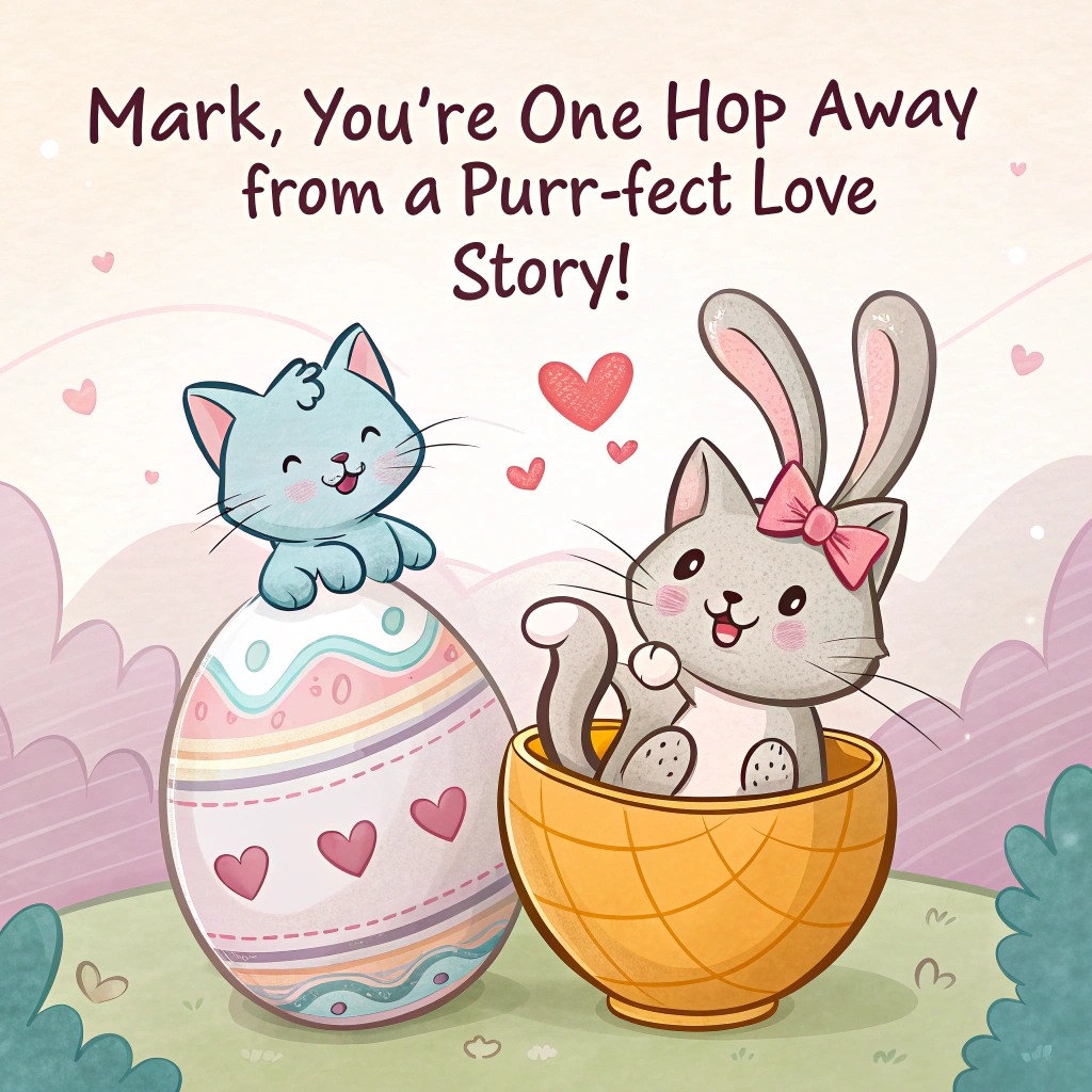 At the top of the image, "Mark, you're one hop away from a purr-fect love story!"

- Illustrate a funny and heartwarming cartoon-style scene featuring two adorable cats deeply in love.  
- The male cat is wearing a pastel blue pair of bunny ears, while the female cat rocks a sparkly pink pair.  
- They are nestled side by side inside a giant decorated Easter egg that's cracked open like a cozy love nest.  
- Their tails curl together into the shape of a heart, and both cats have googly, love-struck eyes gazing at each other.  
- Around them are floating mini chocolate eggs, daffodils, and butterflies wearing tiny bunny ears too (because why not?).  
- One cat is holding a carrot-shaped box of chocolates, the other is dramatically swooning with a tiny Easter card in paw.  
- Include background details like fluffy pastel clouds shaped like bunnies, and chicks forming a conga line across the scene for extra silly flair.
Generated with these themes: Two cats in love wearing bunny ears for Easter. One cat is male, the other one is female. Show that these cats are really in love and romantic .
Made with ❤️ by AI.