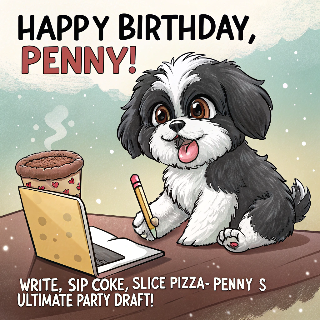 At the top of the Cartoon Style image, "Happy Birthday, Penny!"
At the bottom of the image, "Write, sip Coke, slice pizza—Penny’s ulti-mutt party draft!"

- Center stage: a tiny black-and-white Shih Tzu with an oversized head, huge sparkling eyes, and a cheeky grin, outlined with thick bold lines. The pup is perched at a tiny writer’s desk in an energetic, mid-action pose.
- One paw furiously scribbles in a notebook with a chunky yellow pencil; pages flutter as if a creative storm is happening.
- The other paw hoists a gooey slice of Margarita pizza (bright red tomato, glossy mozzarella, fresh basil), long cheese strings stretching comically.
- The Shih Tzu slurps from a red Coke can via a curly straw, fizz popping into star-shaped bubbles; a second slice sits nearby with a lit birthday candle like a mini pizza-cake.
- Desk clutter: open “Margarita” pizza box, scattered crumbs, saucy paw smudges across the manuscript, and a few playful pawprints.
- Background: bright, saturated confetti and balloons with a vibrant radial burst (teal, hot pink, sunny yellow, cherry red) for a party vibe.
- Make the headline and punchline extra large in playful bubble lettering with thick outlines and drop shadows, so the text steals the show; keep the pup centered beneath the top line, framed heroically.
- Overall style: playful cartoon energy, exaggerated proportions, thick outlines, high-contrast shading, and dynamic motion lines for a whimsical, celebratory feel.
Generated with these themes: Black and white small shih tzu, writing, drinking coke eating Margarita pizza, and .
Made with ❤️ by AI.