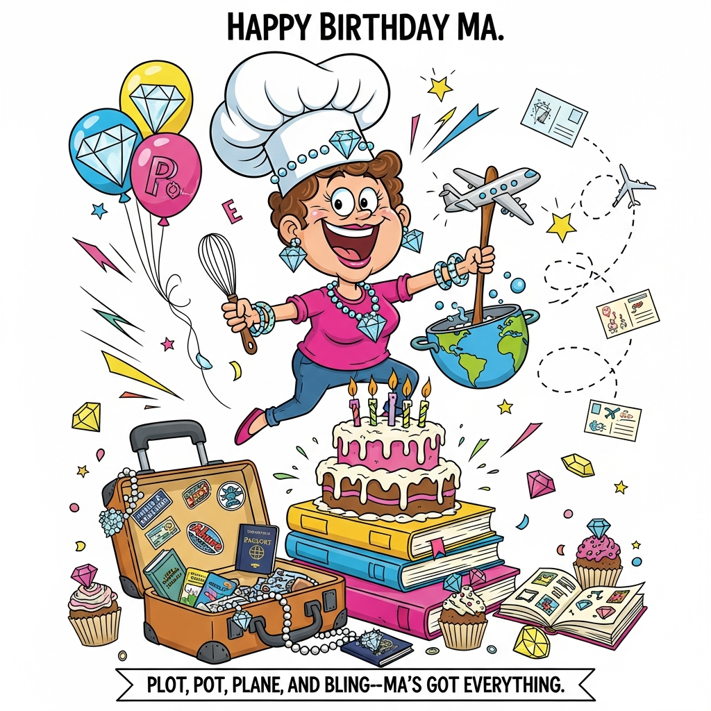 Books, travel, cooking, jewellery, diamonds, and Birthday Card