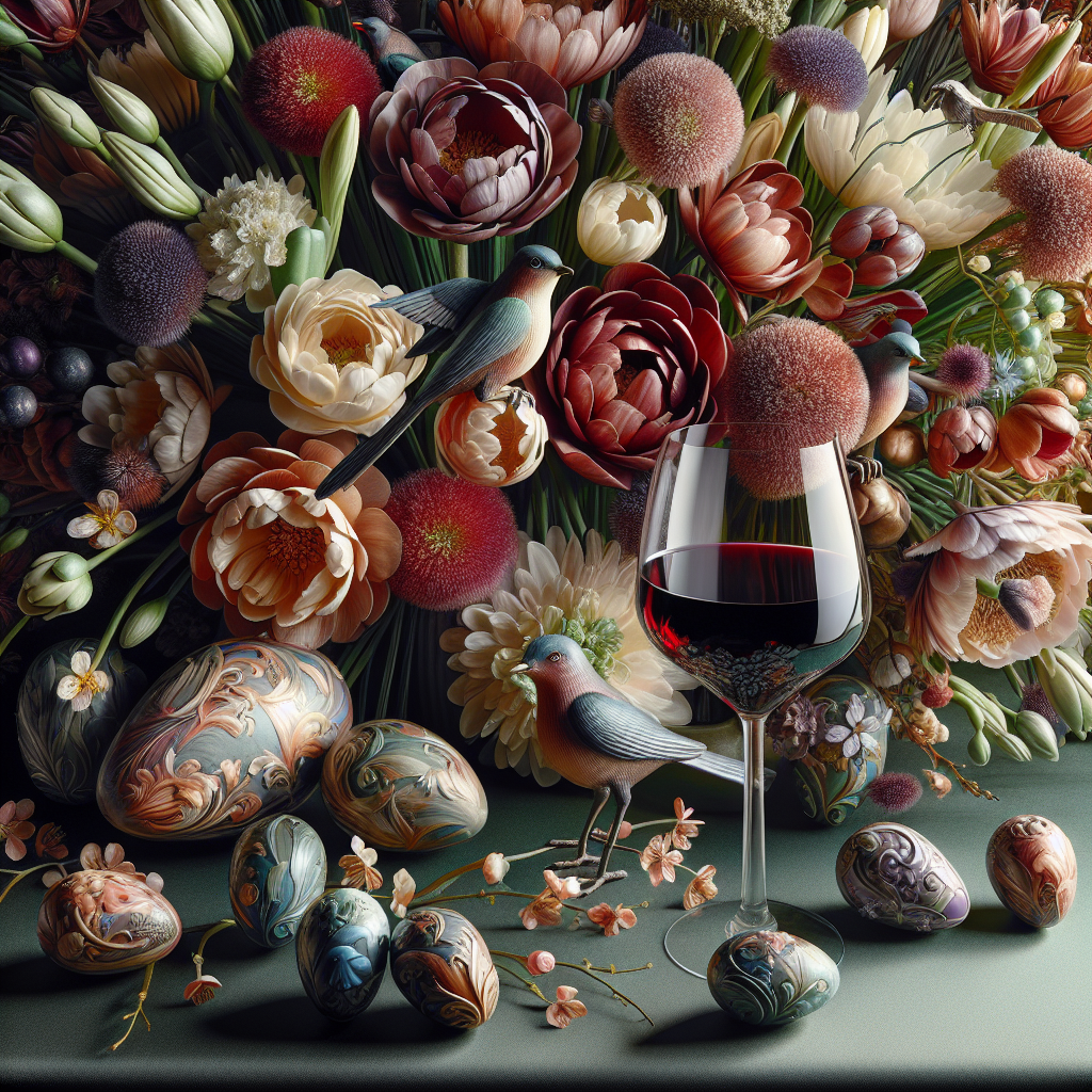 Flowers , Birds, Red wine, and Art Easter Card
