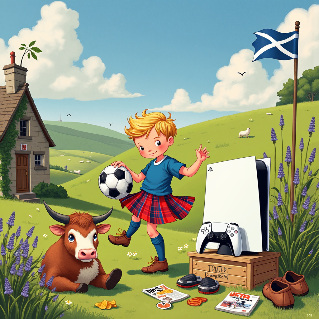 On the cover of this birthday card, the scene is a whimsical yet vibrant Scottish countryside on a sunny afternoon, reminiscent of Norman Rockwell’s detailed realism with a hint of Quentin Blake's lively, animated style. A blonde-haired boy, about 8 years old, is the focal point, wearing a bright red and blue tartan kilt that dances in the gentle breeze, a nod to Scotland. He’s balancing a football (soccer ball) on his knee, demonstrating both his skills and his enthusiasm for the game. The football itself is an intricate black-and-white pattern, worn just enough to show it's been well-loved.

In the background, rolling green hills dotted with sheep, akin to the pastoral scenes painted by Beatrix Potter, stretch out under a sky of the clearest blue, with fluffy white clouds shaped almost like mythical creatures from Scottish folklore. To the left, a charming stone cottage with ivy creeping up its sides, a representation of a traditional Scottish home, peeks out from behind a cluster of wildflowers in various shades of purple and yellow.

Near the boy, a PlayStation 5 is set up on a makeshift outdoor station – a wooden crate decorated with stickers of game characters. The console gleams white, its sleek, modern design contrasting humorously with the rustic surroundings. The screen shows a paused football game from the latest FIFA edition, drawing a line between his virtual and real-life love for the sport.

Next to the console, a highland cow with a surprisingly expressive face is curiously nudging a game controller, adding a whimsical touch to the scene reminiscent of Edward Gorey’s quirky characters. A Scottish flag flutters gently from a flagpole planted in a barrel, standing proudly beside the cottage.

In the foreground, scattered around the boy's feet, are various gaming-related items: a couple of game discs, an open bag of crisps, and a gaming magazine with a cover showcasing the latest PlayStation releases. His well-worn football boots are placed neatly beside the crate, replaced by comfy slippers for his birthday festivities.

The illustration style is a beautiful blend of realism with whimsical details, detailed linework, and vibrant colors, capturing the boy's love for football, gaming, and his Scottish heritage all in one charming scene.
Generated with these themes: 8 years old , Football , Scotland , Blonde boy , Gaming, and PlayStation 5 .
Made with ❤️ by AI.