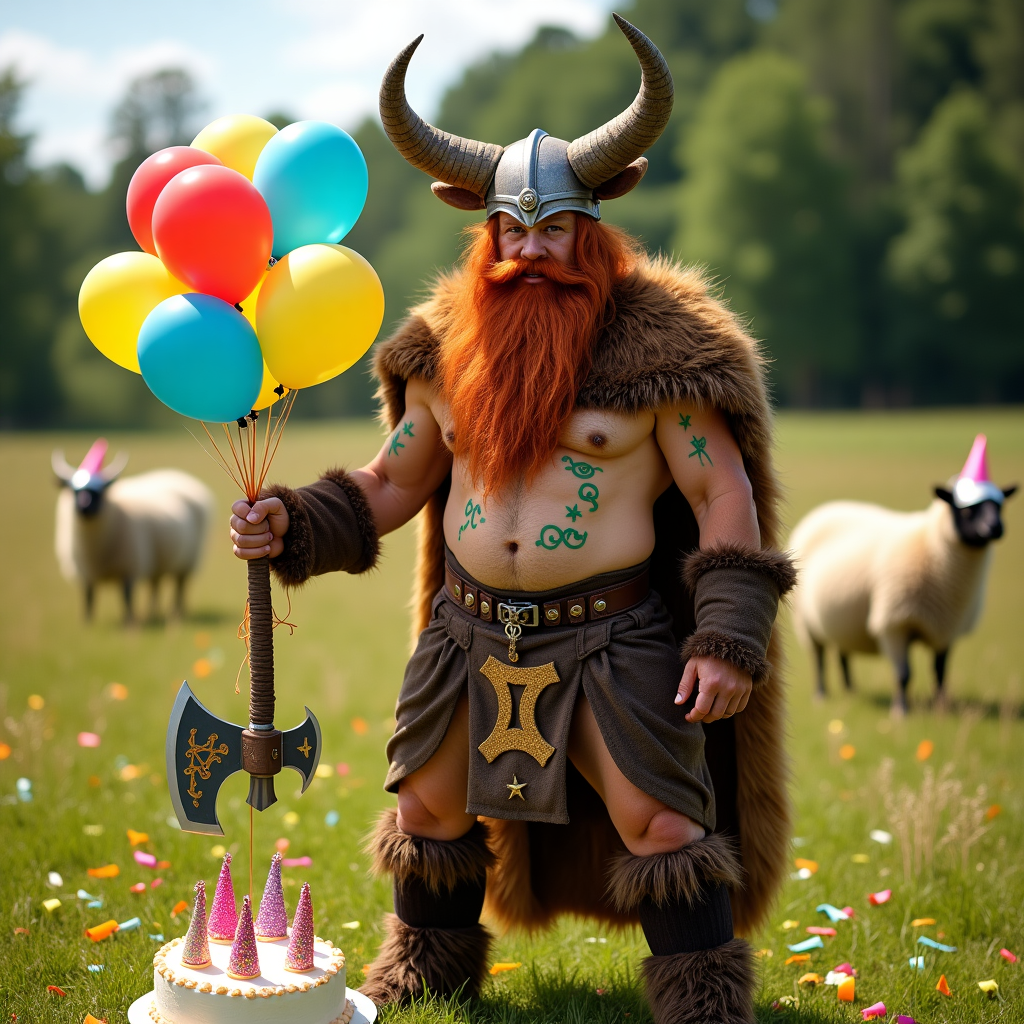 At the top of the realistic photograph image, "Horns Up, Matthew — It's Time to Rage Like a Birthday Bull!"

**Prompt:**
A hilariously realistic photograph of a fierce Viking dressed up in a Taurus-themed costume for a birthday celebration. The Viking has huge, curly bull horns strapped to his helmet, a shaggy faux cowhide cloak, and is wearing brown furry leggings with hooves instead of boots. His face is painted with glittery gold stars and green swirls. He stands proudly in a sunlit grassy meadow with birthday balloons tied to his battle axe and a giant cake decorated with zodiac signs beside him. His wild red beard is braided with tiny party hats. A few sheep wearing Viking helmets are scattered in the background, munching on birthday confetti. The atmosphere is bright, colorful, and full of chaotic, festive energy.
Generated with these themes: Viking dressed as Taurus.
Made with ❤️ by AI.