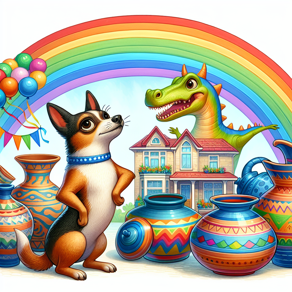 Create an illustration displaying a Podengo dog posturing proudly, situated next to a variety of pottery. Behind them, a vibrantly colored new house is decorated with streamers while an amicable dinosaur playfully appears from behind the house. Above them, a brilliant rainbow arcs perfectly, accenting the scene with an element of playful fantasy and a palette of colors to celebrate the accomplishments of the achiever and their new milestone in life.
Generated with these themes: New house, Podengo, Dinosaur, Rainbow, and Pottery.
Made with ❤️ by AI.