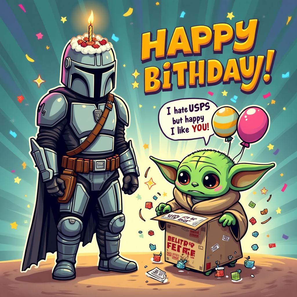 At the top of the Cartoon Style image, I hate USPS but I like YOU... Happy Birthday!!!

Playful, funny cartoon scene featuring The Mandalorian and Grogu (Baby Yoda) in exaggerated chibi proportions with thick black outlines and bright, saturated colors. Portrait orientation, image-first composition. The Mandalorian stands 3/4 view, shiny simplified armor, heroic-but-goofy pose, balancing a towering birthday cake strapped with a tiny “beskar” belt; he side-eyes a chaotic mail situation with a smirk. In front, Grogu with huge sparkling eyes and oversized robe uses the Force to levitate a comically battered USPS package swirling around him, plastered with too many stamps and “return to sender” stickers, orbiting like a tiny moon. Confetti shaped like stars and tiny helmets explodes around them; colorful balloons drift by; a swirly hyperspace-meets-party backdrop fades from teal to purple to gold for a festive pop. Add a small speech bubble from Grogu that says: “Birthday delivery, I bring.” Top text in bold, bubbly comic lettering with a high-contrast outline and slight arc for readability; keep the rest of the image clean and large for maximum visual impact. Bright rim lights, cel shading, crisp vector-like lines, whimsical, energetic poses, no watermarks.
Generated with these themes: Star Wars, The Mandalorian, Baby Yoda, Grogu , and .
Made with ❤️ by AI.