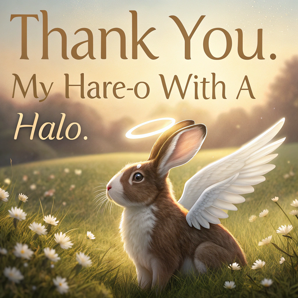 At the top center in large, elegant serif lettering (warm white with a soft shadow for legibility): "Thank you — my hare-o with a halo."

Ultra-high-definition 4K photorealistic close-up portrait of a brown and white lop-eared rabbit with delicate, natural-looking white angel wings folded gently along its back. The rabbit sits in sunlit short meadow grass dotted with tiny white wildflowers; warm golden-hour backlight creates a soft rim glow around the floppy ears and wings, with a few dust motes sparkling in the air. Razor-sharp focus on the rabbit’s eyes, whiskers, and lifelike fur; fine feather detail with believable translucency at the edges. Background melts into creamy bokeh for rich depth and clean negative space behind the headline. Accurate, true-to-life colors and lighting; sincere, tranquil mood; minimal, uncluttered composition with no props or cartoon elements. Shot on a full-frame feel with an 85mm lens at f/1.8, ISO 200, 1/800s; gentle reflector fill, subtle filmic contrast, and a faint vignette to draw the eye to the subject and text.
Generated with these themes: .
Made with ❤️ by AI.