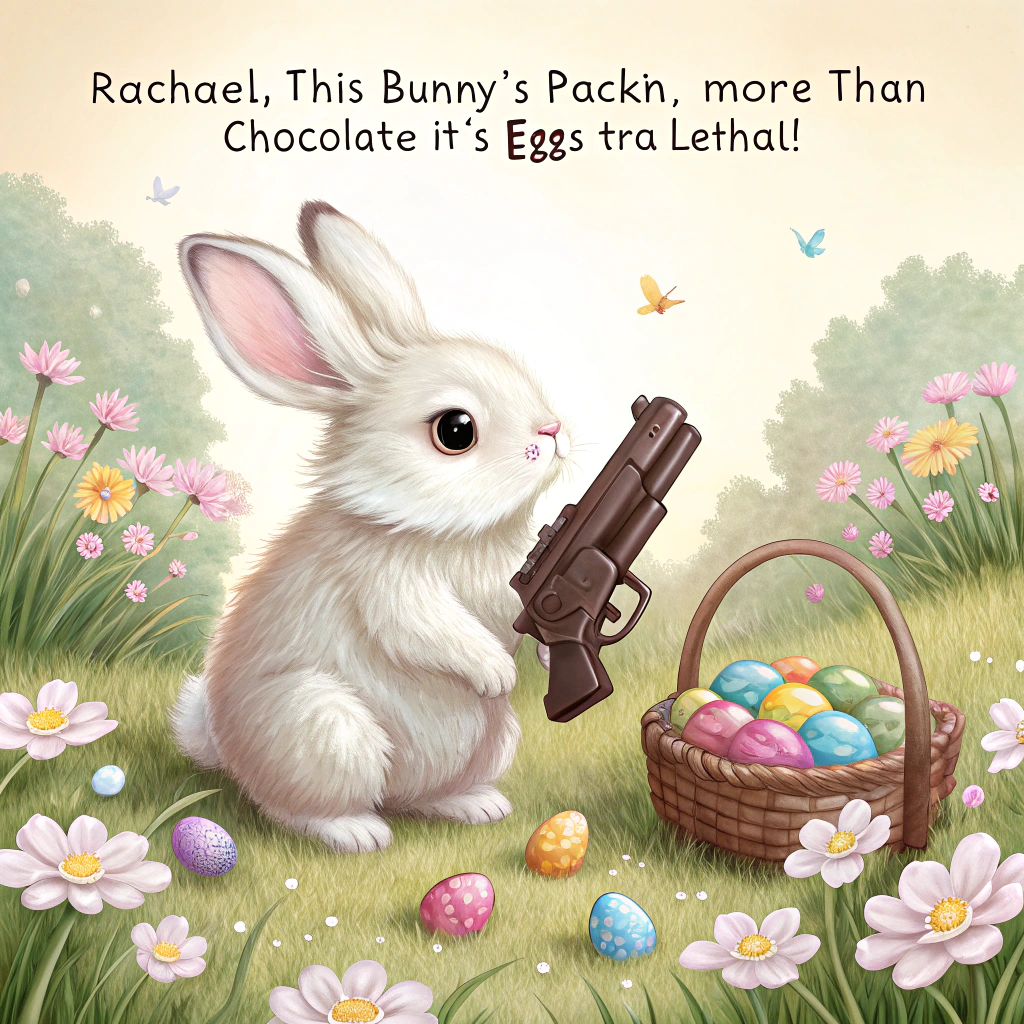 At the top of the realistic photograph image, "Rachael, this bunny’s packin’ more than chocolate – it’s eggs-tra lethal!"

- The image is a cute, realistic photograph of a fluffy bunny sitting in a spring meadow dotted with colorful mini eggs.  
- The bunny has wide, innocent eyes and soft fur, but it's cheekily clutching a small, toy-sized, cartoonishly exaggerated machine gun made of shiny chocolate.  
- Surrounding the bunny are pastel flowers, a tipped-over Easter basket, and a scattering of jellybeans for added whimsy.  
- The mood is light-hearted and funny, with an intentional contrast between the bunny’s adorable appearance and its unexpected, comedic accessory.
Generated with these themes: Fluffy bunny with mini eggs and holding a machine gun .
Made with ❤️ by AI.