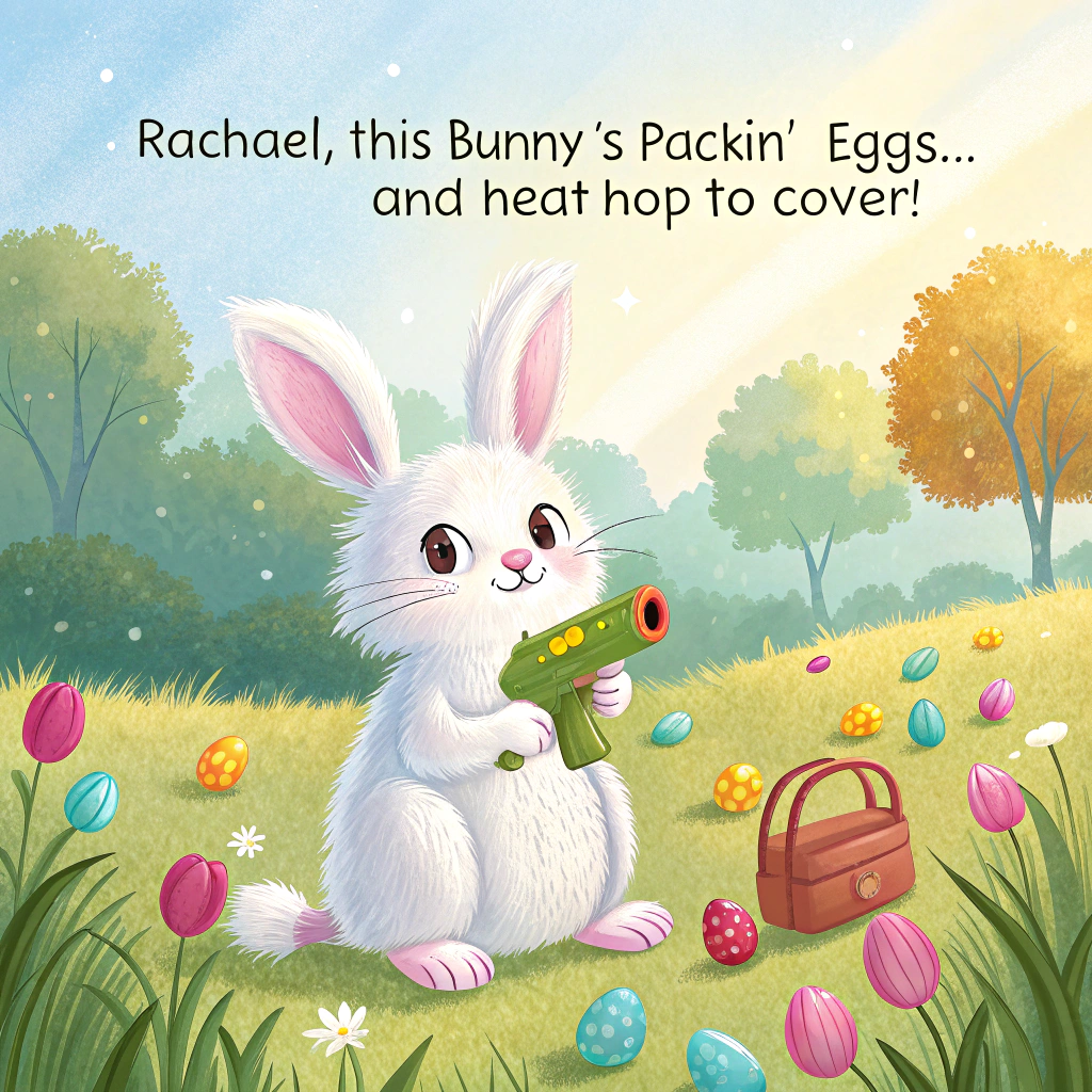 At the top of the realistic photograph image, "Rachael, this bunny’s packin’ eggs... and heat – hop to cover!"

– A fluffy white bunny sits upright in a sunny spring meadow surrounded by colorful pastel mini eggs, tulips, and dappled sunlight. It’s adorably fuzzy, with soft, twitching whiskers, big round eyes, and an innocent expression. Nestled in its tiny paws is an oversized toy-style machine gun, brightly colored in pinks and yellows, comically out of place in the serene scene. The whole setup should feel cheeky yet irresistibly cute – a delightful mix of mischief and charm, like a cuddly action hero caught in the middle of an Easter egg ambush.
Generated with these themes: Fluffy bunny with mini eggs and holding a machine gun .
Made with ❤️ by AI.
