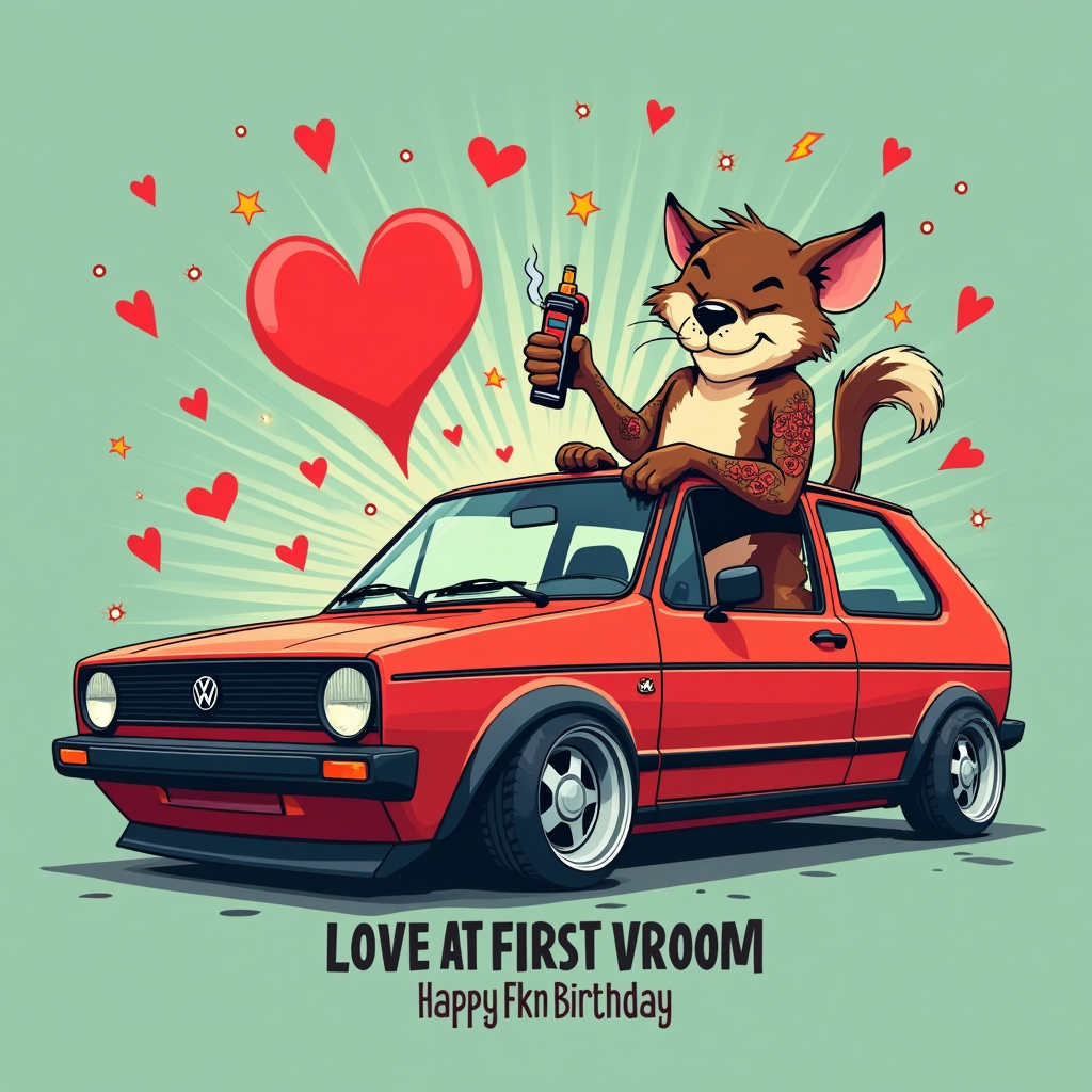 Clean flat-vector art, crisp lines, solid color blocks, minimal gradients. Bold central composition: Taz (Tasmanian Devil) leans on a slammed Volkswagen Golf Mk2 at a 3/4 angle, smirking, covered in old-school tattoo sleeves (roses, swallows, daggers, dice). Gizmo (Mogwai) pops out of the sunroof, grinning, holding a buzzing tattoo machine; the ink trail draws a small heart on the door. Taz’s swirling dust forms a big graphic heart behind them. Surround the scene with classic tattoo-flash icons (hearts, stars, lightning bolts) like confetti. The Golf is cherry red with black trim and polished rims. Background: flat teal with a subtle off-white radial burst. Heavy black outlines, precise geometry, no texture, no photorealism. Small, single-line caption at the bottom center in bold condensed vector type:
“Love at First Vroom — Happy Fkn Birthday”
Generated with these themes: Taz, Gizmo, Tattoos, Volkswagen golf, Love, and .
Made with ❤️ by AI.