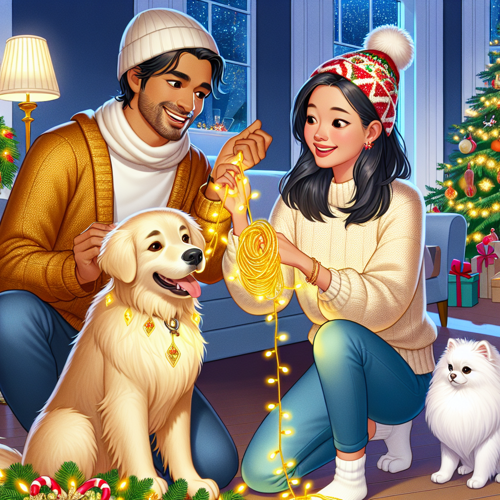 Male and female couple, Golden retriever making a mess, and White pomeranian dog by the side of a white persian cat Christmas Card