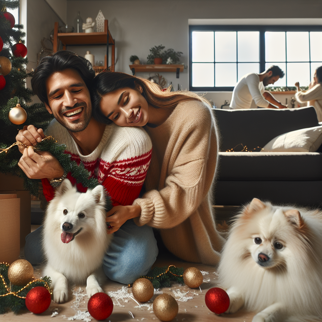 Male and female couple, Golden retriever making a mess, and White pomeranian dog by the side of a white persian cat Christmas Card