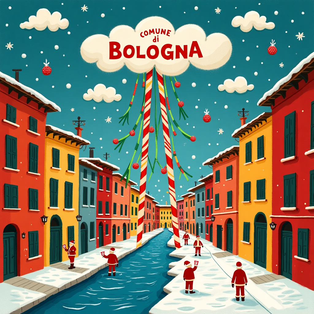In the whimsical Christmas card scene, the vibrant streets of Bologna are reimagined as a fantastical and surreal winter wonderland, pulsating with abstract elements inspired by renowned artists. Imagine the iconic Two Towers of Bologna, Asinelli and Garisenda, whimsically transformed into towering, multicolored candy canes—spiraling reds, greens, and whites that twist and stretch into the snowy sky. The cobblestone streets are replaced with a Piet Mondrian-inspired grid, each square filled with splashes of color resembling Jackson Pollock’s paint splatters, as if the city itself is a lively canvas.

Hovering above this avant-garde cityscape is a cloud shaped like a Christmas tree, where ornaments and tinsel twinkle in Kandinsky-esque geometric shapes. The baubles are miniature, glowing screens with flickering binary code—a nod to "intelligenza artificiale"—rendering a dynamic play of light and patterns reminiscent of Joan Miró’s organic forms. In the sky, the phrase "Comune di Bologna" appears, but instead of ordinary lettering, it's spelled out using playful, abstract clouds in a mix of Cy Twombly's swirling scribbles and de Kooning’s expressive brushstrokes, almost like a sky-high, celestial banner.

Beneath, a whimsical river of rich blue—similar to Rothko’s color fields—flows through the city, dotted with AI-generated paper boats that carry miniature robotic Santas, waving tiny festive flags. Around the scene, abstract depictions of local landmarks blend seamlessly into this colorful tableau, all under a soft snowfall of Agnes Martin’s meticulously ordered dots, turning the entire composition into a dreamlike celebration of Christmas, AI, and the unique charm of Bologna.
Generated with these themes: La città di Bologna, and Intelligenza artificiale.
Made with ❤️ by AI.