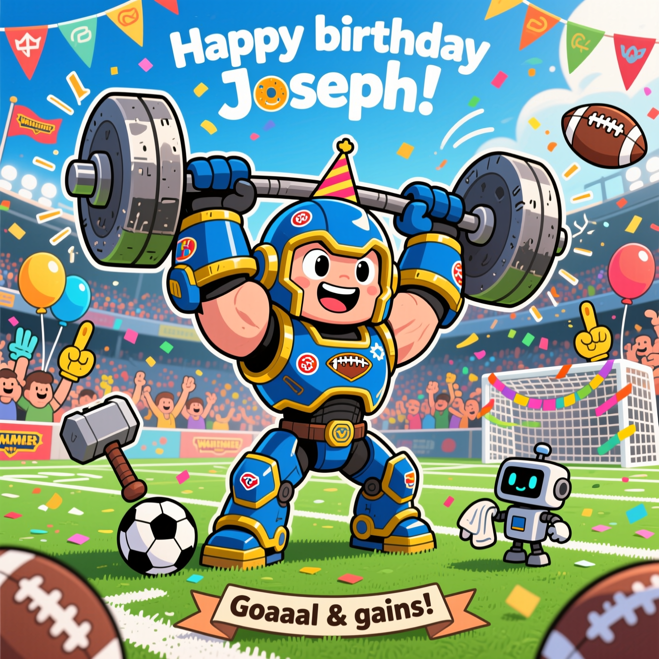At the top of the Cartoon Style image, "Happy birthday Joseph!"

Playful Cartoon Style, cute chibi hero in Warhammer-inspired chunky power armor, exaggerated proportions, thick outlines, bright saturated colors, energetic pose. Center stage on a vibrant green football pitch with crisp white lines and a confetti-strewn stadium behind. The hero is a beaming strongman mid overhead press, lifting a massive barbell whose “plates” are two oversized stylized warhammers; chalk dust puffs, motion lines, and sparkly highlights sell the effort. Armor is bold cobalt blue with sunny gold trim, tiny birthday stickers and a football decal; big glossy eyes visible through the visor. Around him: a cheering cartoon crowd, pennant flags, balloons shaped like footballs, foam-finger hammers waving, and a festive goalpost wrapped in streamers. A cute smiling football bounces at his feet, and a tiny helper-bot offers a sweat towel. Low-angle 3/4 view for heroic scale; bold cel-shading, thick inked contours, punchy contrast, and a sunny stadium glow. Keep the vibe adorable, triumphant, and fun—no grim or gritty details.

At the bottom, on a small ribbon banner, add the playful caption: "Goaaal & gains!"
Generated with these themes: Warhammer, football, strongman, lifting weights, and .
Made with ❤️ by AI.