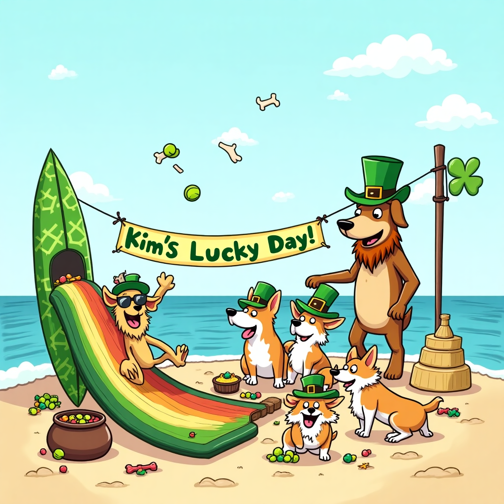 **Image Prompt:**

At the top of the illustration image, write: **“Happy Bark-Day, Kim — Straight from Rhodie with Leprechaun Love!”**

An illustrated, cartoon-style scene featuring a bunch of dogs dressed as leprechauns causing playful chaos at a tiny Rhode Island beach party. One scruffy golden retriever wearing green sunglasses is sliding down a rainbow into a pot of squeaky toys, while a tiny pug in a leprechaun hat attempts to balance a birthday cake stacked with bones. A group of Corgis are performing a riverdance in a line, their paws a blur. Behind them, the famous "Big Blue Bug" of Providence is reimagined wearing a green beard and party hat, cheering them on. The sky is sunny, filled with flying tennis balls instead of balloons, and there's a party banner strung between two lobster traps that reads: “Kim’s Lucky Day!” in sparkly green lettering. A shamrock-patterned surfboard leans against a sandcastle shaped like a dog bowl.
Generated with these themes: Dogs, Rhode island , and Leprechauns .
Made with ❤️ by AI.