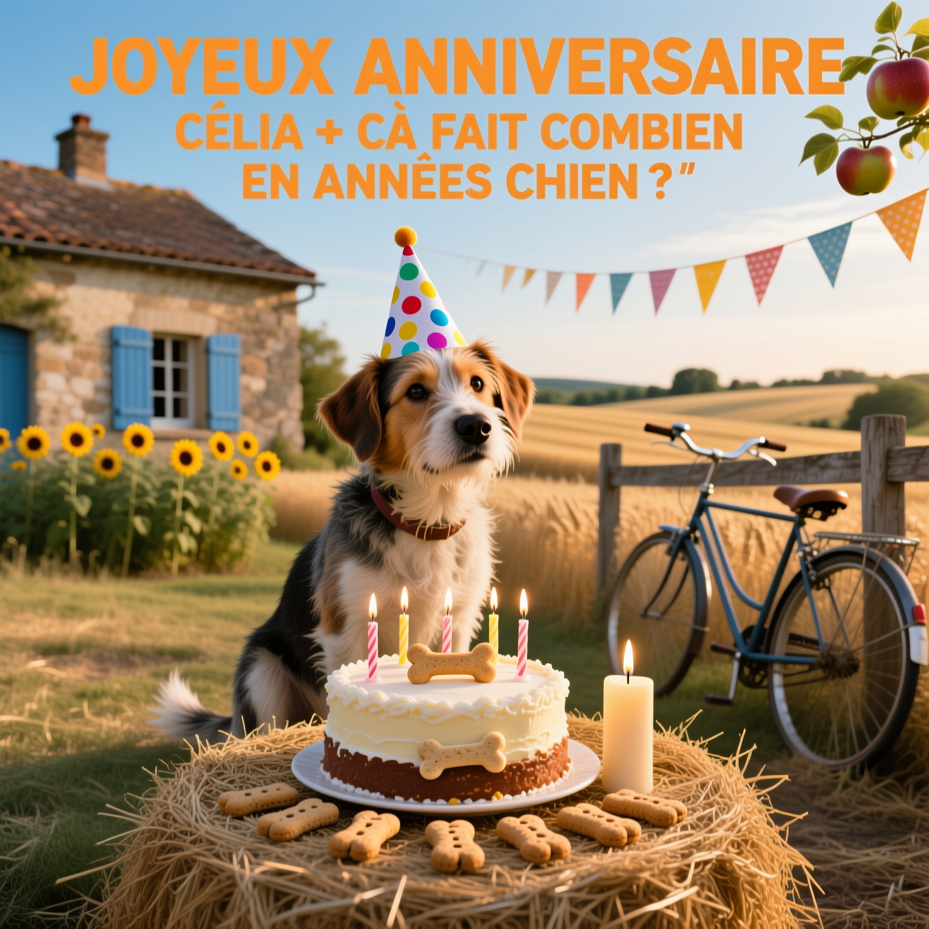 At the top of the Photorealistic picture taken from a camera image, "JOYEUX ANNIVERSAIRE CÉLIA + ÇA FAIT COMBIEN EN ANNÉES CHIEN ?"

Ultra-high-definition 4K UHD, photorealistic, true-to-life scene in the French campagne at golden hour: an eye-level camera captures a cheeky farm dog (medium-sized, scruffy, wearing a colorful polka-dot party hat) sitting in front of a small round hay-bale “birthday cake” decorated with bone-shaped candles. A neat line of seven dog biscuits beside one big candle playfully hints at dog-years math. Background: rustic stone farmhouse with blue shutters, rolling wheat fields, a row of sunflowers, and a vintage bicycle leaning on a wooden fence; festive bunting strung between apple trees. Funny mood: the dog tilts its head as if calculating. Accurate warm sunlight with soft shadows; lifelike textures in fur, straw, and weathered wood; rich depth of field with shallow focus isolating the dog and hay-cake, creamy countryside bokeh. Leave ample clean sky/negative space so the top text reads clearly in bold, celebratory lettering; no additional words in the scene. Shot on a full-frame camera, 50mm prime, f/2, ISO 100, 1/500s, natural color and crisp detail.
Generated with these themes: Campagne, and .
Made with ❤️ by AI.