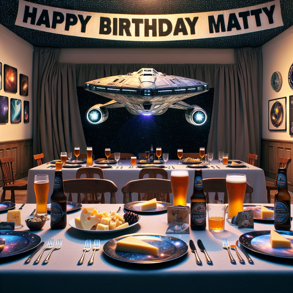 Imagine a realistic birthday party scene bridging the warm hominess of a personal celebration with the cosmic fascination of outer space. Centered within the room is a meticulously designed model of a futuristic interstellar ship, its surface reflecting tiny lights that simulate faraway stars. A banner that reads 'Happy Birthday Matty' is stretched across the room in a striking, future-inspired typeface, softly wavering over an array of beers and carefully paired gourmet cheeses from various cosmic entities. Thematic insignias adorn the walls and the dining setup has plates and napkins showcasing imagery representative of space exploration themes, establishing an immersive atmosphere for every space enthusiast guest.
Generated with these themes: Star Trek, Beer, Cheese, Happy Birthday Matty banner, Starship Enterprise , and Space.
Made with ❤️ by AI.