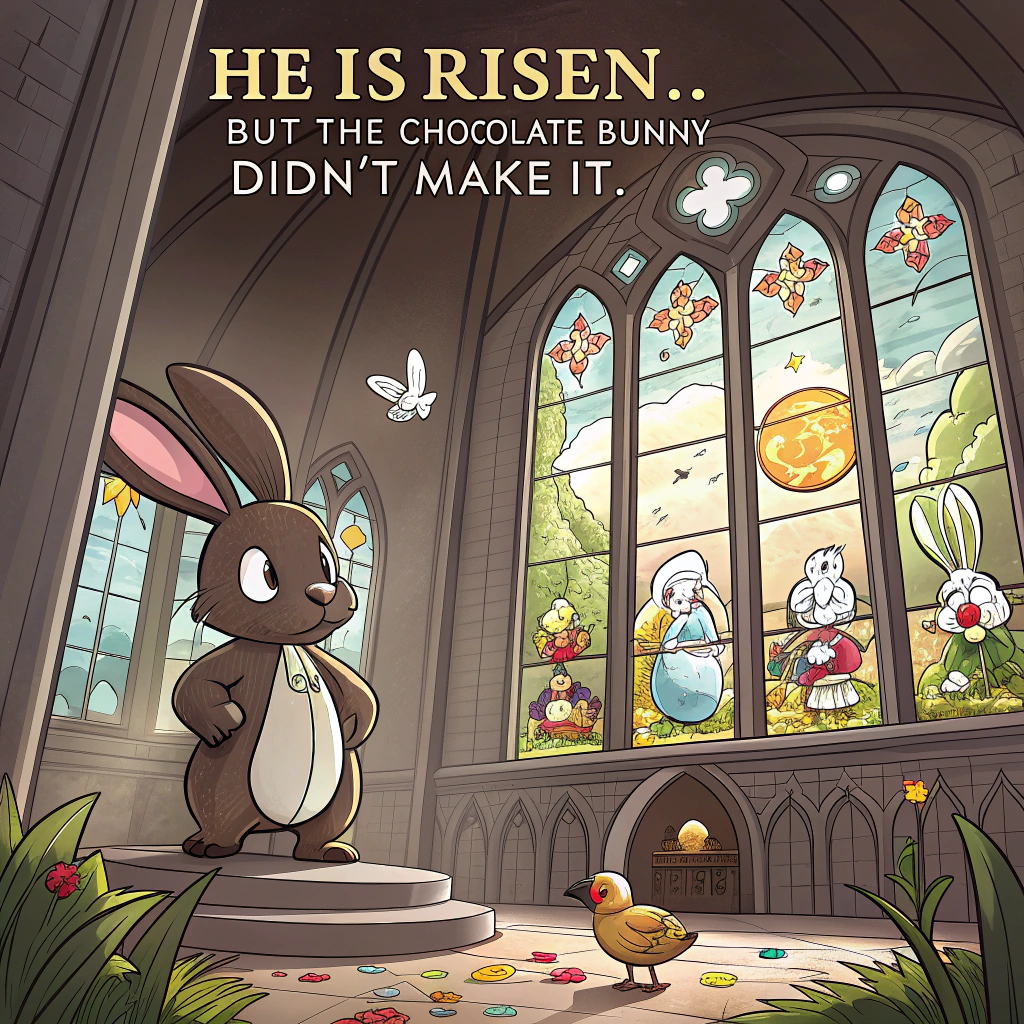 At the top of the image, "He is Risen... but the chocolate bunny didn't make it."

- Illustrate a grand stained glass window in a cathedral-style setting, but instead of saints and angels, the panes are humorously filled with vibrant cartoon bunnies, Easter eggs, and marshmallow chicks in dramatic poses.  
- In the center panel, a large cartoon bunny (looking slightly guilty) stands triumphant, surrounded by the shattered remains of a chocolate bunny.  
- One side panel shows little chicks in monk robes holding a jellybean vigil, and another shows an egg being carried off on a carrot-shaped stretcher.  
- Sunlight filters through the candy-colored glass, creating a halo over the surviving bunny.  
- Style should be bold, colorful, and cheeky — a hilarious twist on reverence with a sugary flair.
Generated with these themes: Stained glass window Easter theme.
Made with ❤️ by AI.