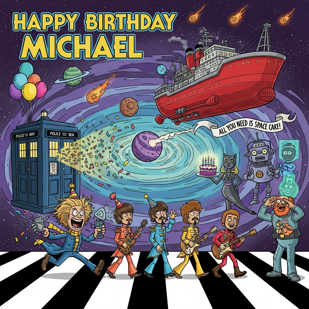 At the top of the Cartoon Style image, “Happy Birthday Michael” in bold retro sci‑fi bubble lettering, banana‑yellow with electric‑blue outline, slightly arched.

Playful, vibrant cartoon mash‑up scene with exaggerated proportions, thick black outlines, and saturated colors. A cosmic “Abbey Road” crosswalk floats across a swirling time vortex. To the left, a blue police‑box time machine (TARDIS‑like) glows with warm light, confetti and jelly‑babies tumbling out. A whimsical time‑traveler with a huge grin, wild hair, and an extra‑long striped scarf dashes forward, brandishing a buzzing sonic gadget that sparks musical‑note fireworks.

Four mop‑top musicians styled like the Beatles, big heads and tiny legs, cross the starry zebra stripes in energetic poses, wearing bright party hats and colorful suits; one strums a guitar, another twirls a drumstick over a planet‑shaped drum, while the others wave to the viewer. On the right, cheeky Red Dwarf cameos: a slick, cat‑like fashionista strikes a pose in a shimmering zoot suit; a square‑jawed mechanoid balances a glowing galaxy‑cake with candles; a laddish space‑tech with a guitar case and curry takeout grins; a hologrammed crewman with a glowing “H” on his forehead salutes nervously.

Above, the massive red mining ship (Red Dwarf‑like) cruises past meteors and balloons shaped like planets, trailing a small ribbon banner with a single line of text: “All You Need Is Space Cake!”

Big, bouncy, pop‑art color palette (cosmic purples, turquoise, magenta, banana‑yellow), cel‑shading, crisp highlights, and dynamic poses. No other text.
Generated with these themes: Dr who, Beatles, Red dwarf, and .
Made with ❤️ by AI.