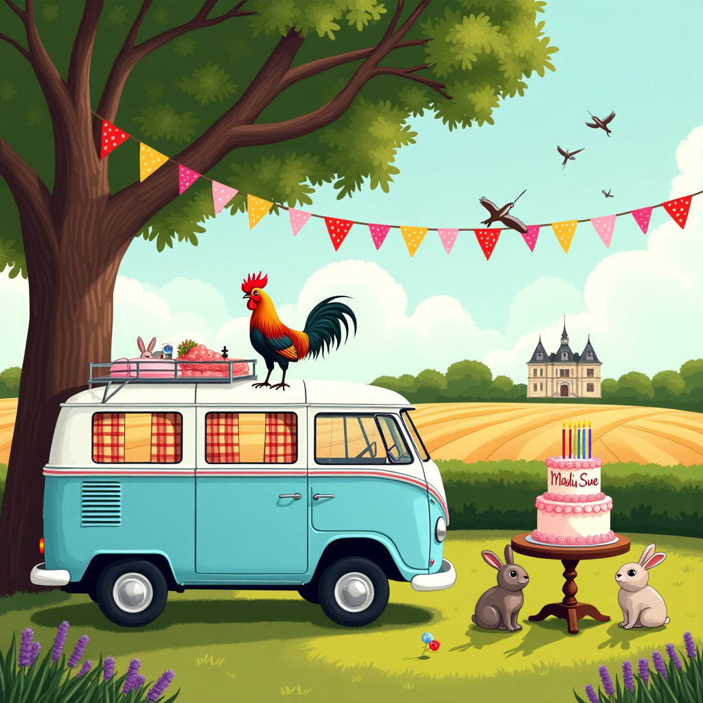 In the foreground, imagine a charming, vintage campervan parked under the dappled shade of a grand, leafy oak tree. The campervan is a classic Volkswagen, painted in a vivid sky blue with a wide white stripe running horizontally along its body. Its windows are rolled down, and through them, one can spot hints of plaid curtains in a lively mix of reds, yellows, and greens.

To the right of the campervan, there is a small, circular wooden table set up. On the table sits a three-tiered birthday cake, generously iced with buttercream swirls in shades of pastel pink and yellow. A collection of colorful, mismatched candles stands tall atop the cake, flickering playfully. A French flag toothpick is whimsically perched next to the candles, hinting at the delightful setting. Draped across the top tier of the cake, in elegant, icing-like script, are the words "Malcolm and Sue / Mum and Dad."

The background is a quintessential French countryside scene. Rolling fields stretch out, painted in luscious greens and yellows, interspersed with patches of lavender that blend into the horizon. The fields are bordered by neatly trimmed hedgerows, behind which a distant chateau peeks out, its classic stone façade basking in the soft afternoon sun.

Above, the sky is an expansive canvas of gentle blues, with fluffy white clouds drifting lazily by. A flock of birds, illustrated with fine detail reminiscent of Arthur Rackham's style, glides across the scene.

To add a touch of humor, a friendly rooster stands proudly atop the campervan, chest puffed out as if declaring itself the king of this mobile palace. Near the table, a pair of rabbits, illustrated in a Beatrix Potter-like manner, curiously peer at the cake, their eyes wide and noses twitching.

A string of multicolored bunting is strung between the oak tree and the campervan, fluttering in the gentle breeze. The bunting is a playful mix of stripes, polka dots, and florals, drawing the eye and adding a touch of festivity to the scene.

This picturesque birthday card design, infused with a blend of detailed illustration and whimsical charm, perfectly captures the joyful essence of a birthday celebration in the heart of the French countryside.
Generated with these themes: Campervan in France .
Made with ❤️ by AI.