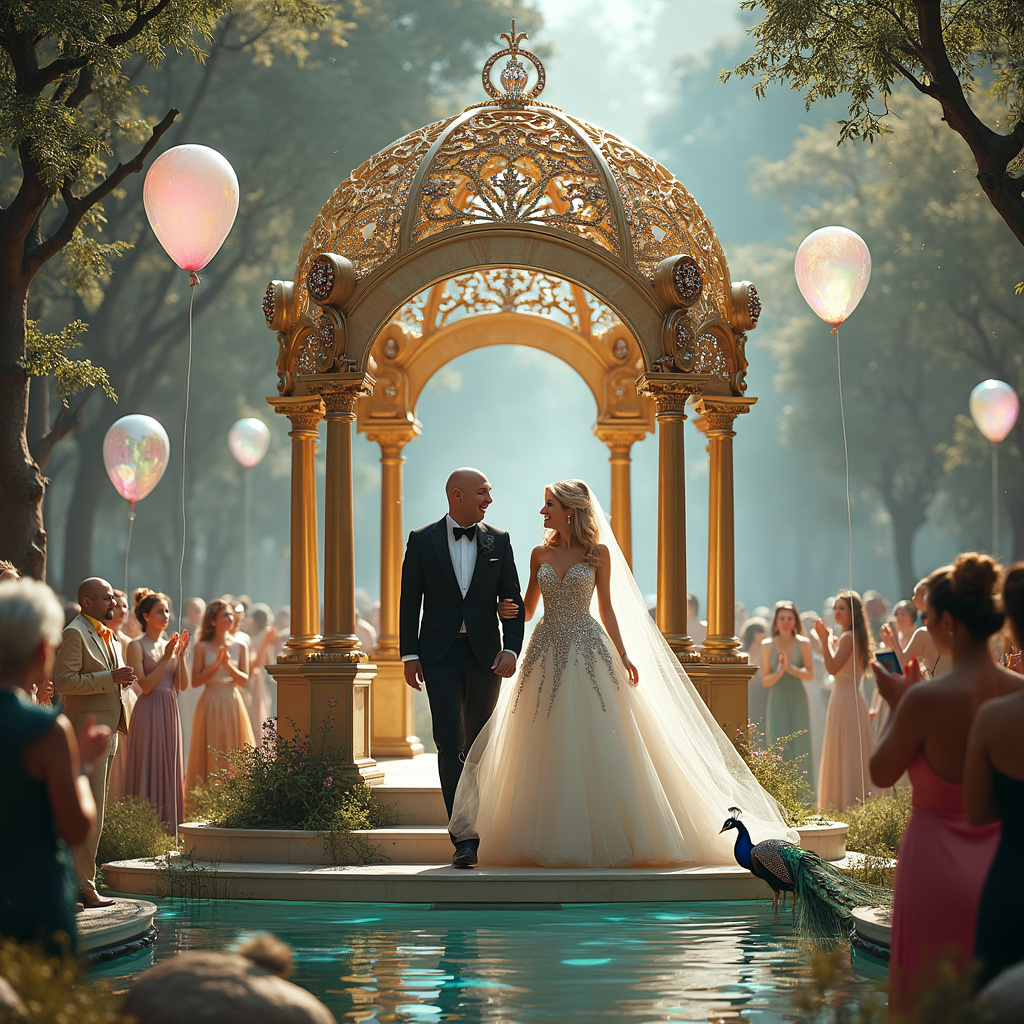 In a bustling, whimsical park that seems to blend elements of reality and dream, a celebration is in full swing. Center stage, there is a giant, ornate gazebo with golden pillars and a roof encrusted with sparkling diamonds that catch and refract the sunlight into a myriad of rainbows. At the entrance of the gazebo stands a striking blonde-haired lady, her hair cascading down like a waterfall of gold. She is wearing a stunning, floor-length white gown adorned with delicate silver embroidery and tiny diamonds that shimmer with every movement.

Next to her, holding her hand, is a tall, dignified bald man in a sleek black tuxedo with a diamond-encrusted bow tie. They are both beaming with joy. In the center of the gazebo, a majestic table carved from a single piece of crystal displays an array of beautifully designed engagement rings, each resting on a velvet cushion. The rings themselves seem almost alive, glinting and twinkling as if whispering secrets of eternal love and commitment.

Surrounding the couple are trees with leaves that look like oversized diamonds, and beneath these trees, guests in vibrant, fantastical attire – some with wings, others with sparkling crowns – applaud and cheer. Floating in the air, suspended by invisible threads, are balloons shaped like engagement rings, their bands made of iridescent, shimmering material, and their gems glowing softly in pastel hues.

In the background, a shimmering pond reflects the entire scene, making it look like there’s a second world beneath the surface. Near the edge of the pond, a peacock with feathers studded with tiny diamonds preens itself, adding an additional touch of surreal elegance to the scene.

This is the captivating world where dreams meet reality, and the moment of engagement is celebrated in a fantastical display of love and luxury.
Generated with these themes: On your engagement , Diamonds , Blonde hair lady, Bald man , and Engagement rings .
Made with ❤️ by AI.