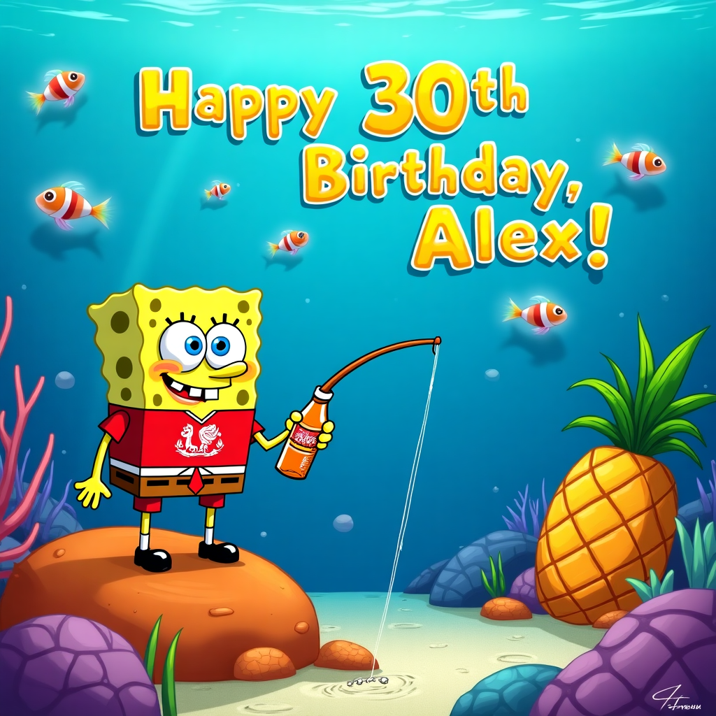 In a playful underwater scene set in Bikini Bottom, our beloved character SpongeBob SquarePants is perched atop a bright orange, coral-covered rock, casting his fishing line into the sparkling cerulean sea. SpongeBob is wearing a bright red Liverpool football shirt, complete with the team's iconic crest prominently displayed on his chest, adding a dash of unexpected sports fandom to his attire. In one hand, he holds a bottle of J20, the vibrant orange and yellow drink swirling inside, while his other hand skillfully maneuvers the fishing rod. Above him, the sky is an oceanic blue, and clouds shaped like various sea creatures float by, forming the words "Happy 30th Birthday, Alex!" in a bubbly font that appears to be made of frothy sea foam. To the right, the pineapple home of SpongeBob is visible, its leafy green top extending upwards, contrasting against the watery backdrop. Jellyfish lazily drift past, their translucent bodies casting rainbow-colored reflections across the scene, while a school of fish swim by, wearing tiny red Liverpool scarves, further emphasizing the quirky homage to the football theme. The scene is sprinkled with cartoonish humor reminiscent of Bill Watterson’s Calvin and Hobbes, with hidden visual jokes like a starfish-shaped referee holding a whistle. This whimsical tableau is filled with vibrant colors and fun details, perfect for celebrating Alex’s 30th birthday with a touch of SpongeBob’s unique charm and a nod to their love of football.
Generated with these themes: Spongebob fishing while drinking a j20 and wearing a Liverpool football shirt.
Made with ❤️ by AI.