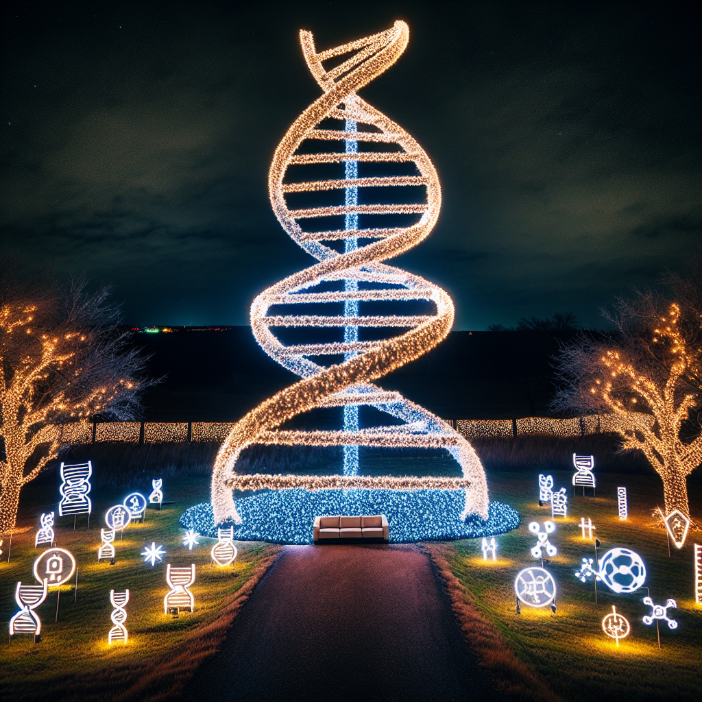 Photo of a unique Christmas moment where a DNA double helix, wrapped in fairy lights, stands as a Christmas tree in a Texan landscape, surrounded by icons of biotechnology.
Generated with these interests: Dna, Biotech, and Texas.
Made with ❤️ by AI.