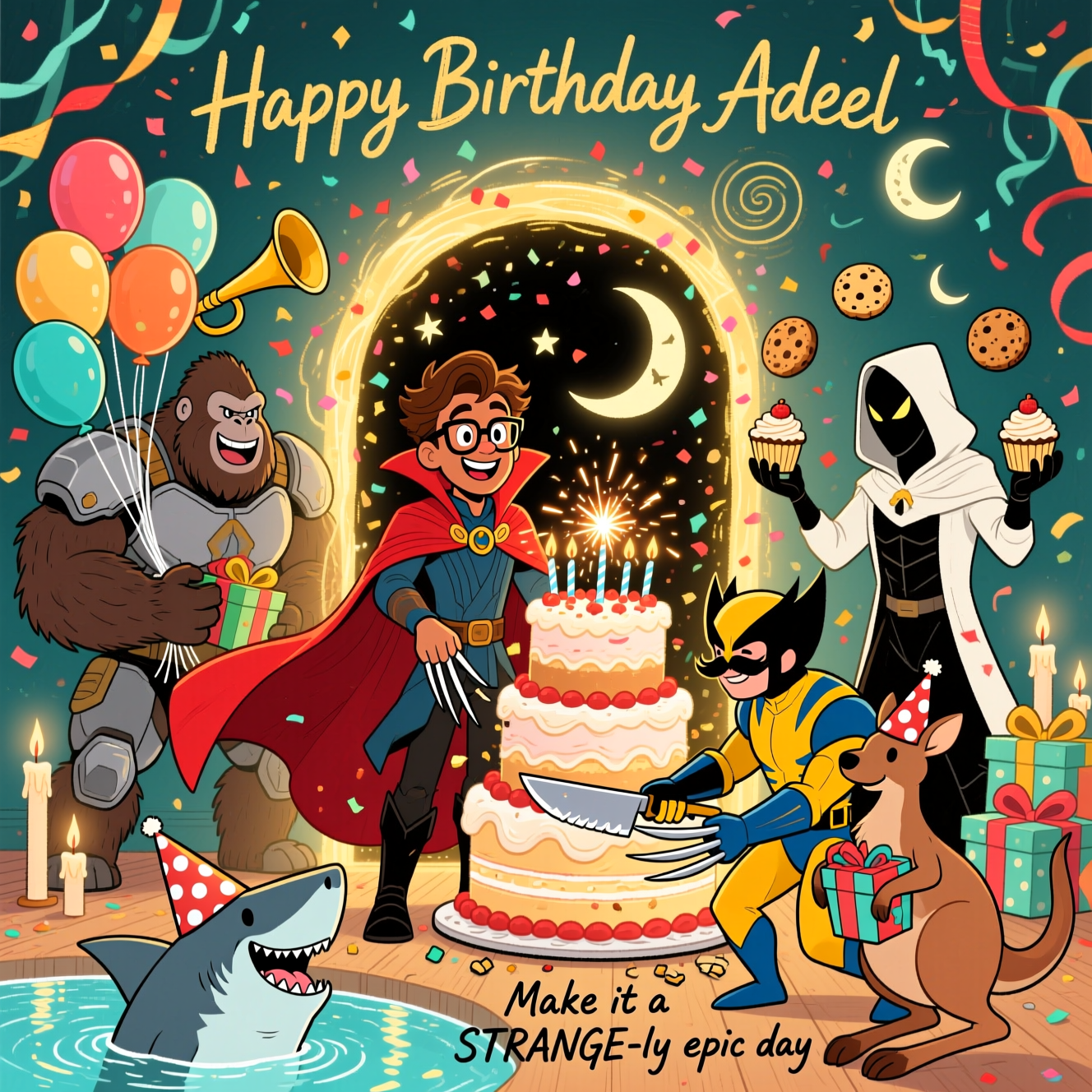 At the top of the Illustration Style image, Happy Birthday Adeel

Hand-drawn illustration with fine linework, textured brush strokes, balanced composition, and a warm, expressive color palette. Portrait, full-bleed. Center stage: Dr Strange as the birthday boy (brown skin, glasses), grinning in a sweeping red cloak that arcs like a party banner as he conjures a glowing, confetti-filled portal lifting a towering birthday cake with sparklers. To his left, Overwatch Winston (armored gorilla scientist) cheerfully wrangles a chaotic bunch of balloons and a party horn. To his right, Moon Knight (white hooded, crescent motif) deadpan-juggles crescent cookies and moon-cupcakes. Foreground: Wolverine (yellow-and-blue suit, muttonchops) casually slices the cake with a single extended claw, crumbs flying. A playful kangaroo in a polka-dot party hat bounces by with gifts peeking from its pouch. From a shimmering water portal on the floor, a friendly shark pops up wearing a tiny cone hat, offering a neatly wrapped present in its mouth. Background full of streamers, floating candles, starry-mystic swirls, and balloons; warm golds, teals, and crimsons; soft paper texture, lively ink outlines, gentle golden rim light, confetti mid-air, fun expressions, energetic yet balanced layout.

Small extra caption near the bottom, hand-lettered and subtle: Make it a STRANGE-ly epic day!
Generated with these themes: Dr Strange as birthday boy (brown skin with glasses), Overwatch winton , Moonknight marvel , Wolverine marvel , Kangaroo , Shark, and .
Made with ❤️ by AI.