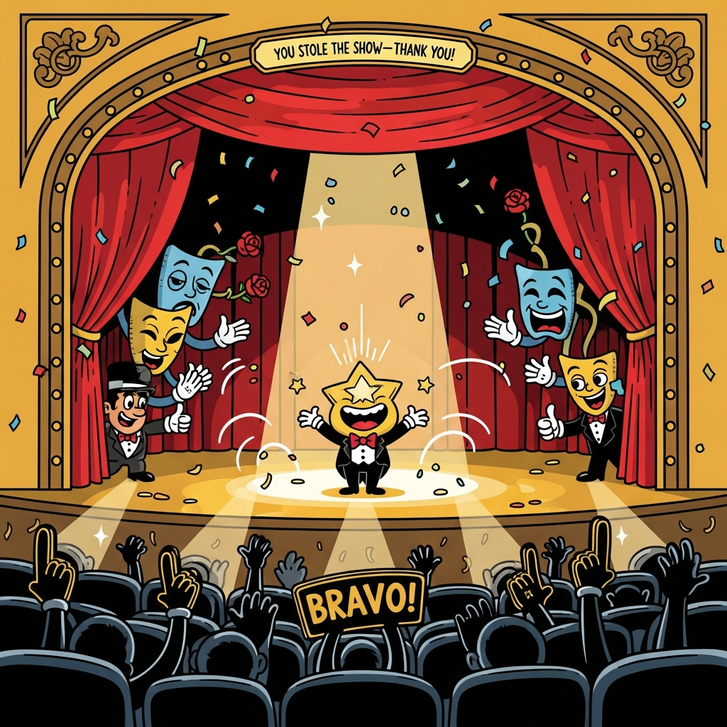 Image prompt:
- Playful cartoon theatre scene with exaggerated proportions, thick black outlines, and bright, saturated colors. A grand red velvet curtain parts to reveal a grinning, star-shaped character in a tiny tuxedo and bow tie taking an over-the-top bow under a warm golden spotlight. Comedy and tragedy masks with googly eyes and noodly arms peek from the wings, clapping and tossing roses. A cheeky stagehand peeks from behind the curtain giving a thumbs-up. Footlights glow across the stage, confetti rains from above, and the audience is a sea of silhouetted seats waving foam “BRAVO!” fingers. Ornate proscenium arch, bouncing motion lines, sparkles, and a jubilant, funny mood. Wide shot from a slightly low angle (orchestra pit view); clean vector look with bold outlines and simple shading.

On-image text (small, single line on a glowing marquee above the stage):
“You stole the show—thank you!”
Generated with these themes: Theatre, and .
Made with ❤️ by AI.
