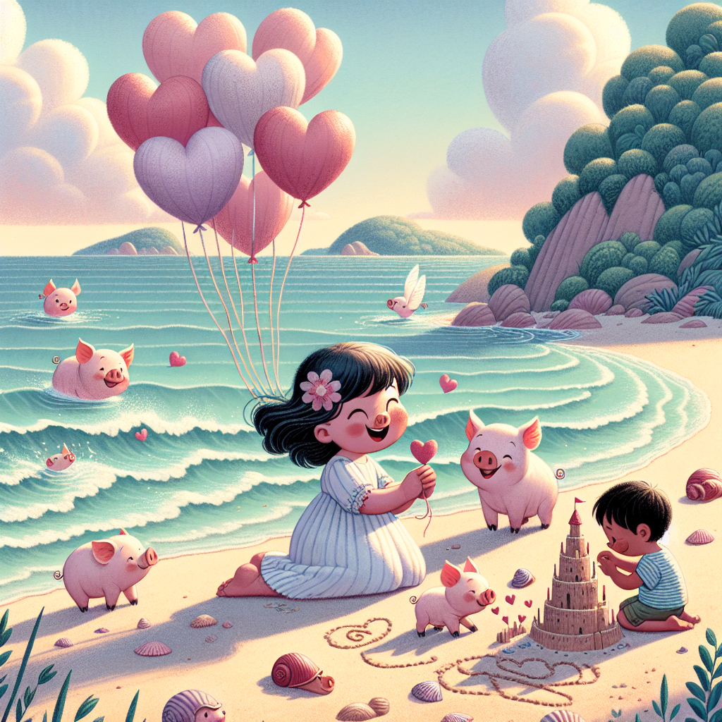 Pigs, Piglets, Six year old girl, 4 year old boy, Caring, Sea, Love, Hearts, Balloons, and Pastel colours Mothers-day Card