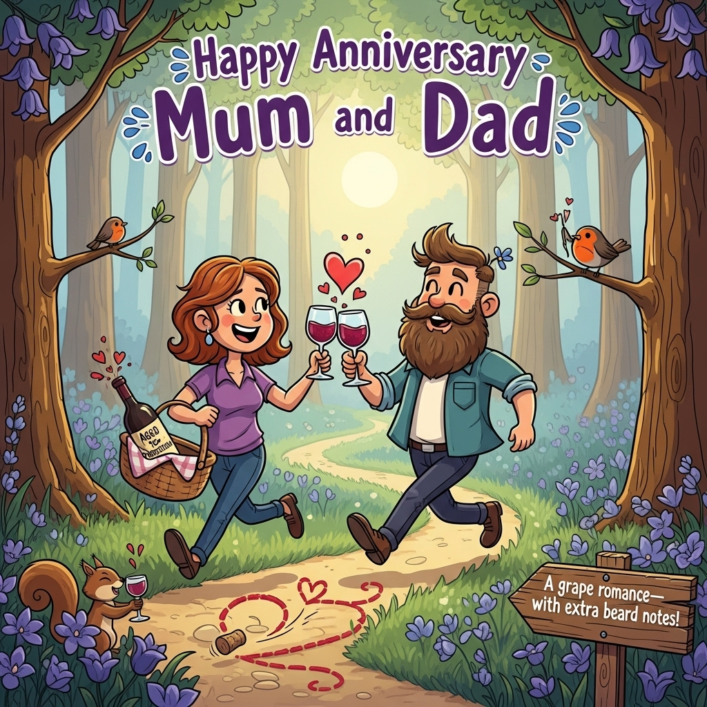 Walking in the bluebell woods, Wine, Man has a beard, and Anniversary Card