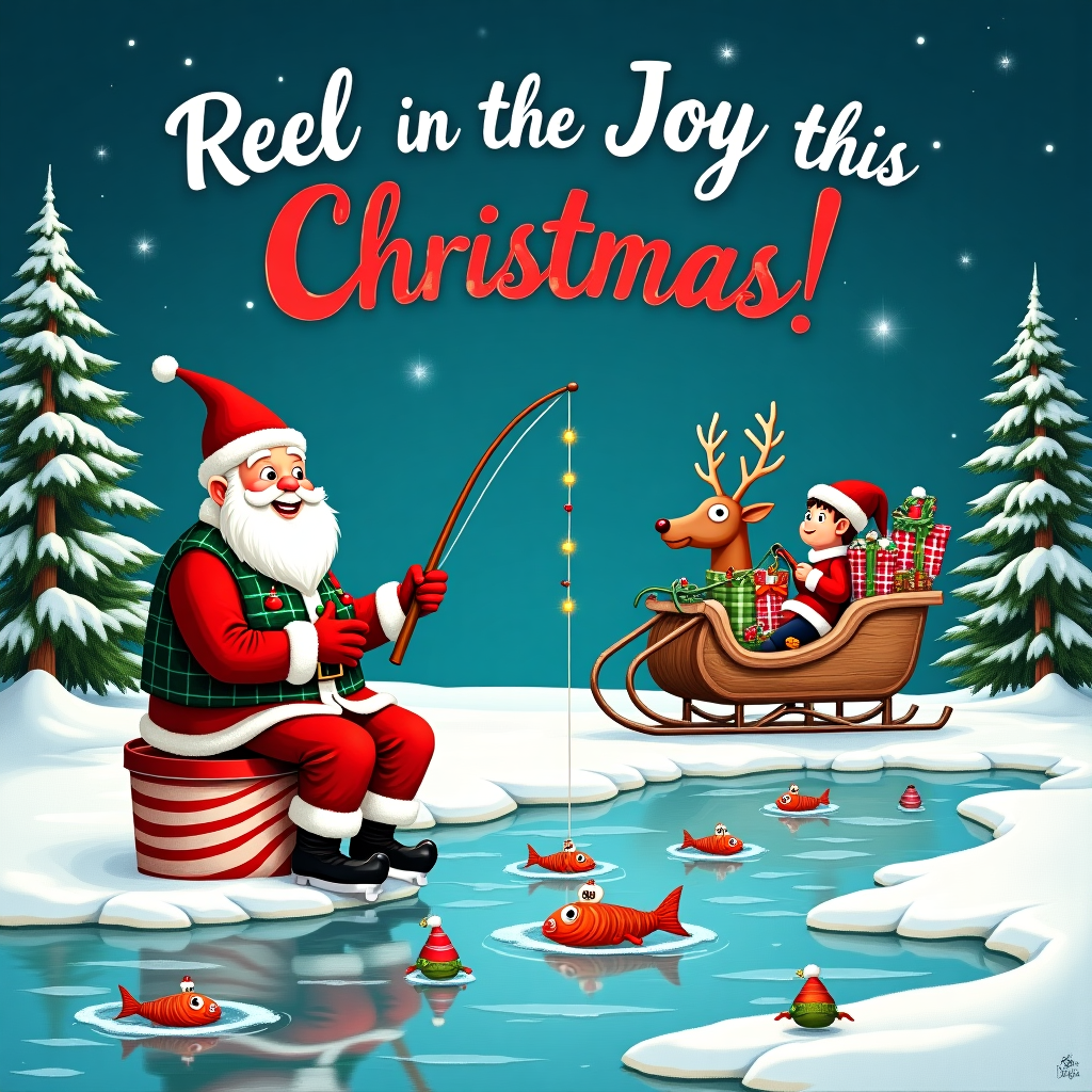 Imagine a whimsical Christmas greeting card front cover where the essence of "Fishin" is infused with holiday magic and quirky humor. The scene unfolds on a frozen lake under a crisp, starry winter night. The icy expanse is dotted with snow-covered fir trees, their branches heavy with glistening icicles that catch the moonlight like a thousand twinkling Christmas lights. In the center, a jovial Santa Claus is seated on an overturned candy cane-striped fishing bucket. He's clad in his classic red suit but humorously adorned with a green-and-red plaid fishing vest, complete with pockets overflowing with shiny baubles instead of tackle.

Santa's fishing line dips into a perfectly round hole in the ice, but instead of a traditional lure, a tiny, sparkling Christmas ornament dangles at the end of the line. In the water below, a school of animated, cartoon-like fish peer curiously upwards, each with googly eyes and festive Santa hats perched on their heads. One particularly cheeky fish has a string of mini lights wrapped around its fins, glowing through the crystal-clear water.

Beside Santa, a trusty elf assistant is perched precariously on a pair of oversized ice skates, holding a thermos labeled "Hot Cocoa" in one mittened hand and a tangled string of holiday lights in the other. Behind them, a sleigh rests on the snowy bank, overflowing with wrapped presents and a couple of fishing rods sticking out amongst the gifts. A mischievous reindeer, with its antlers decorated with tinsel and bells, peers over Santa's shoulder, watching the aquatic antics below with a bemused expression.

Above, in bold, cheerful lettering crafted from intertwined candy canes and holly leaves, the words "Reel in the Joy this Christmas!" arc across the top of the card, setting the tone for a holiday full of laughter and festive fun. The playful interaction between traditional holiday elements and the unexpected fishin' theme makes this scene both unique and delightfully memorable.
Generated with these themes: Fishin.
Made with ❤️ by AI.