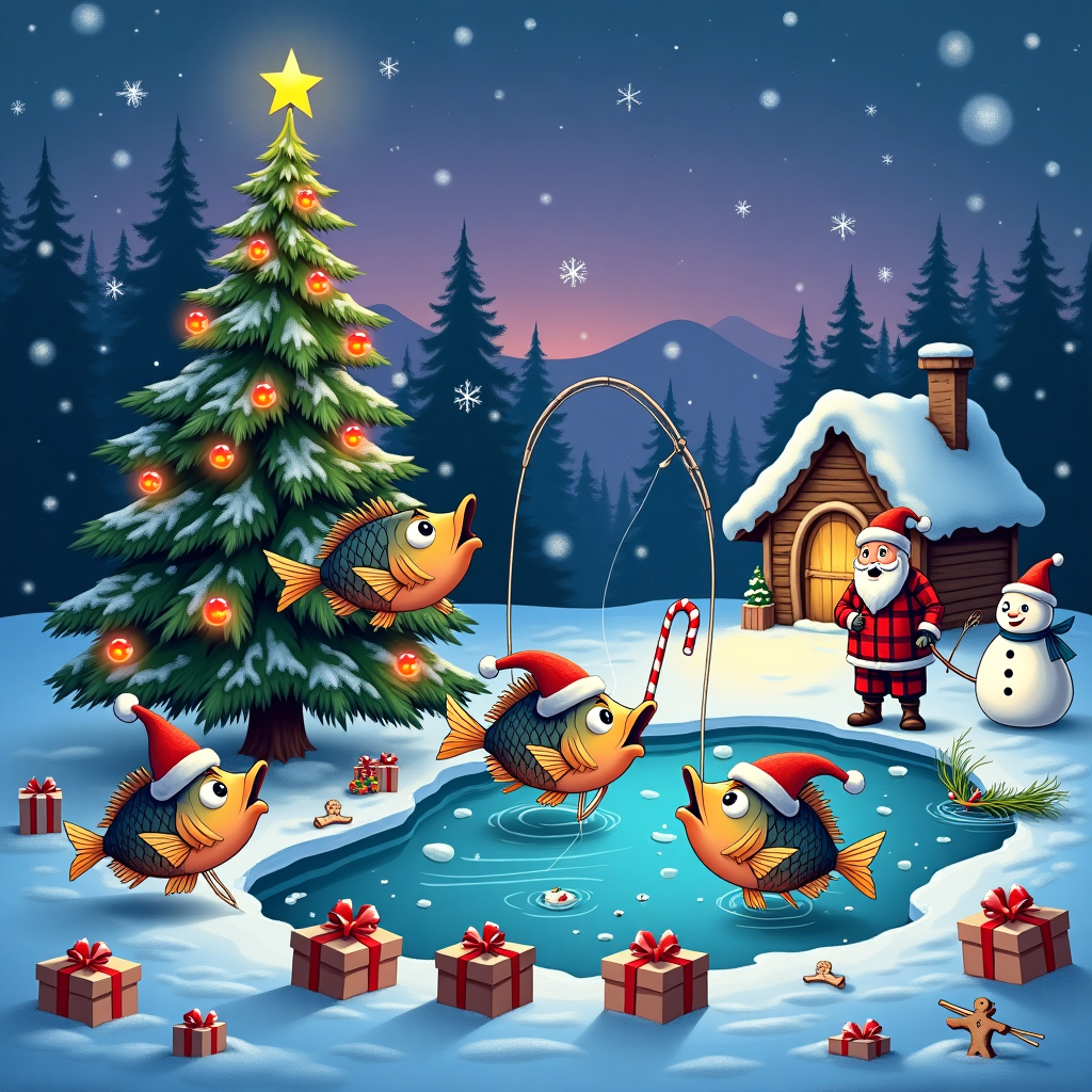 In a whimsical winter wonderland, a merry fish-themed Christmas card scene unfolds beneath a twilight sky, awash in shades of lavender and cobalt blue, peppered with twinkling stars. At the heart of the scene stands a giant Christmas tree, its branches festooned with strings of glowing, oversized fishing lures and shiny baubles that reflect the scene around them. Instead of a star, the tree's apex is adorned with a golden, open-mouthed fish that gleams like a trophy. 

Beneath the tree, a group of cheerful cartoon fish with vibrant scales—clad in Santa hats and scarves—are engaged in a lively ice fishing competition on a frozen pond. The ice is translucent, revealing faint outlines of more fish playfully swimming below. The fish have anthropomorphic features, with bright eyes and expressive faces, each holding a comically oversized candy cane fishing rod. One fish, particularly adventurous, is trying to reel in a line that's suspiciously snagged on a Santa's sleigh hidden under the ice.

Flanking the pond, a school of smaller fish-shaped gifts wrapped in colorful paper and bows are scattered across the snow. A friendly snowman, crafted with seaweed for a scarf and seashell eyes, stands vigil nearby, grinning broadly. In the background, a silhouette of a cozy log cabin with a thatched roof peeks through the snowy pine trees, chimney smoke curling into the cold air. Alongside the cabin, a jolly, portly fisherman dressed in a red flannel shirt and suspenders hoists a fishing net filled with gingerbread men, each with intricate icing detailing, giving the impression of freshly caught delights.

Above this festive chaos, the sky is alive with flurries of snowflakes shaped like starfish and shells, adding a magical touch to the aquatic holiday scene. This lively tableau promises a splash of joy to anyone who receives this uniquely fishy festive greeting.
Generated with these themes: Fishin.
Made with ❤️ by AI.