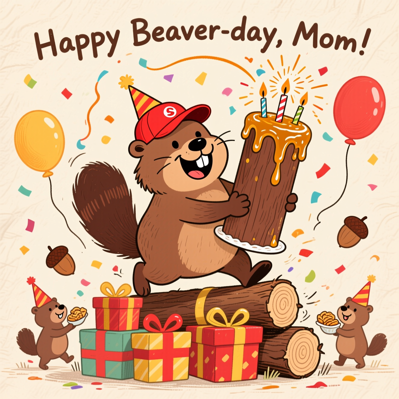 At the top of the Illustration Style image, write: "Happy Beaver-day, Mom!"

Hand-drawn, funny birthday illustration featuring a cheerful Bucee beaver–style mascot as the central character: a grinning cartoon beaver with big buck teeth, a bright red baseball cap, and a slightly askew party hat. He’s wobbling atop a playful “gift-dam” made of wrapped presents stacked like logs, while balancing an absurdly tall, log-shaped birthday cake dripping frosting and caramel, sparkler candles fizzing and popping. Confetti swirls in an arc, balloons shaped like beaver tails and acorns float on either side, and a couple of tiny woodland friends in party hats offer snacks, adding to the comedic chaos. Warm, expressive color palette (toasty browns, cherry reds, golden yellows, creamy highlights). Fine linework ink outlines with textured brush strokes and soft paper grain; balanced, portrait composition with a clear central focal point and gentle vignette; large, full-bleed image. Keep the mood playful and cheeky; include no extra text beyond the headline.
Generated with these themes: Bucee beaver, and .
Made with ❤️ by AI.