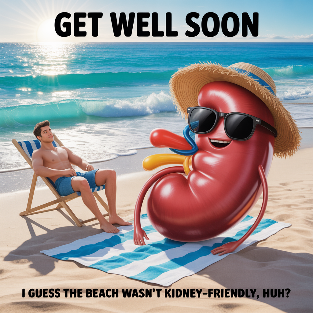 At the top of the image, "Get well soon":

At the bottom of the image, "I guess the beach wasn't kidney-friendly, huh?"

- Illustrate a photorealistic scene on a sunlit beach, featuring a handsome young man lounging in a beach chair. Next to him, a giant, anthropomorphized kidney with sunglasses and a sunhat lies on a beach towel, humorously sunbathing. The sun casts warm, lifelike shadows, and the ocean waves gently lap at the shore in the background.
Generated with these themes: Handsome young man, kidney, beach , sun., and .
Made with ❤️ by AI.