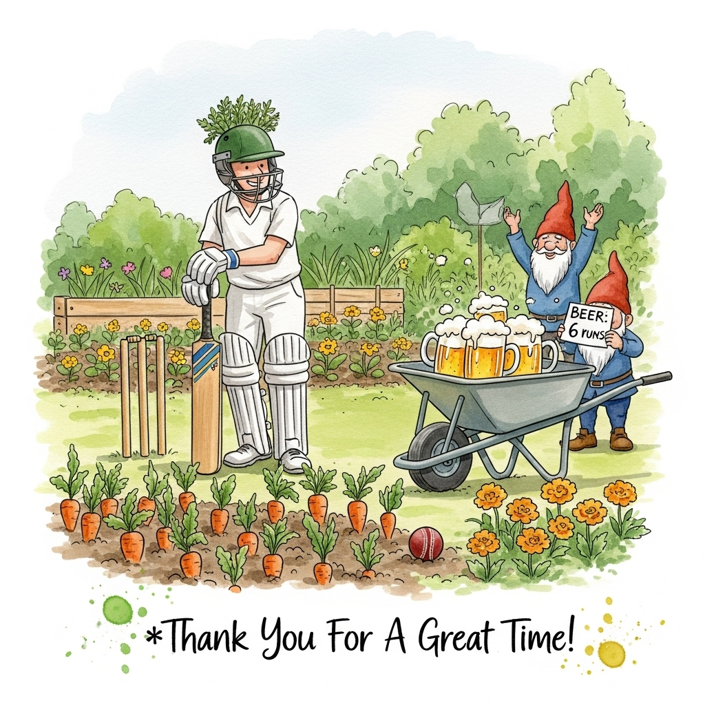 At the bottom of the Watercolor Style image, add the text: **Thank You For A Great Time!** in playful, hand-lettered script with splashes of green and gold.  

A whimsical watercolor scene: in the middle of a sunlit garden, a jovial man in cricket whites leans on his bat, but instead of guarding wickets, he’s tending to rows of neatly planted carrots and marigolds. His cricket helmet is tilted back and doubles as a planter brimming with herbs. Nearby, a wheelbarrow is piled not with soil, but with frothy pints of golden beer, condensation glistening in the warm air. A couple of cheeky garden gnomes are umpiring, one holding a tiny scorecard that reads “Beer: 6 runs.” Soft, lush greens and warm earth tones blend with loose splashes of amber and sky blue, with pigment blooms suggesting the light breeze. The paper texture shows through the washes, giving a gentle, airy feel, while small details—like a rogue cricket ball nestled in a flowerbed—add humor to the scene.
Generated with these themes: Cricket Gardening Beer , and .
Made with ❤️ by AI.