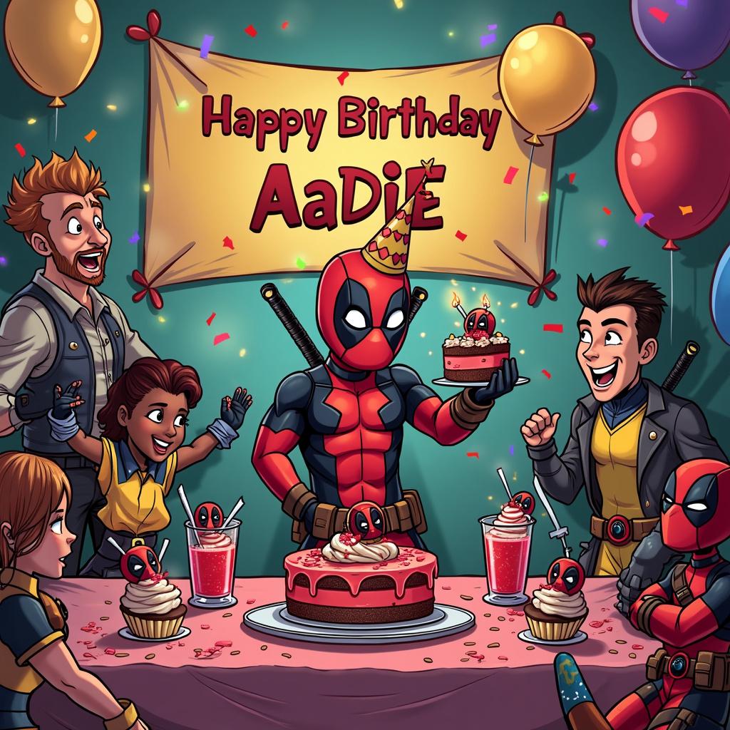 A Deadpool party with cake,drinks and friends ,Happy Birthday Aadie Birthday Card