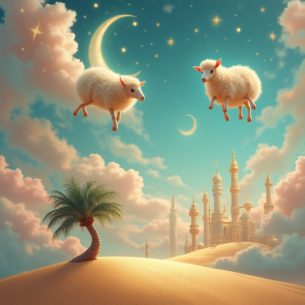  Write " Aid Mabrouk", Sheeps and islam symbols, and Congratulations Card