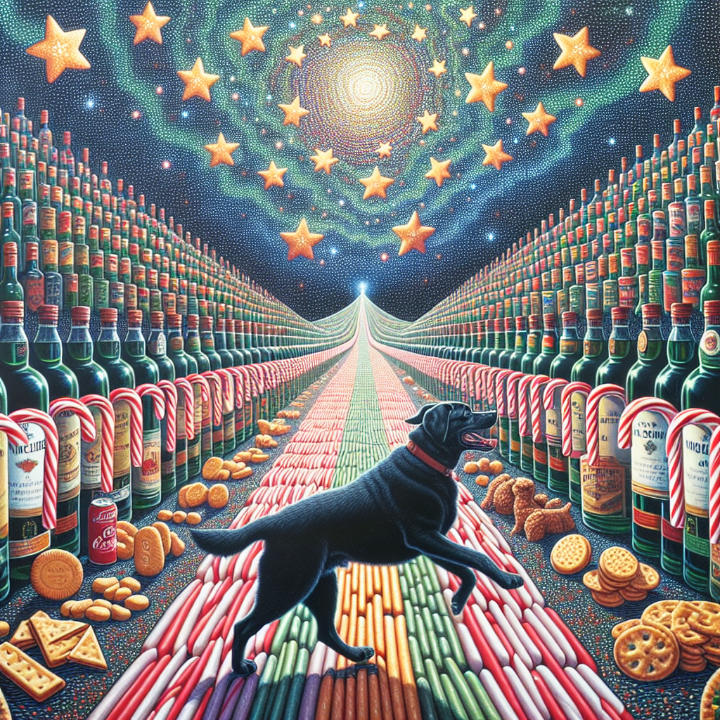 A Yuletide spectacle in Surreal Vector presentation showcases a black Labrador playfully running along a candy cane striped pathway. The path is flanked by monolithic whiskey bottles, emitting a warm, inviting glow. Overhead, a constellation of crisps and biscuits forms a celestial mosaic, twinkling against the surreal night sky illuminated by the aurora borealis.
Generated with these themes: running, swimming, black Labrador, whiskey, crisps, biscuits.
Made with ❤️ by AI.