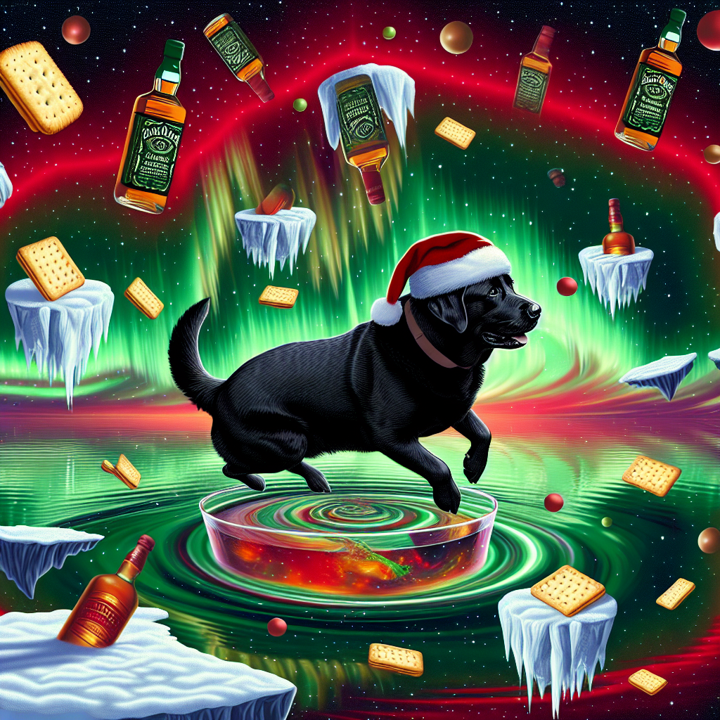 In this Christmas-themed Surreal Vector artwork, a black Labrador is swimming in a gravity-defying pool with floating icebergs shaped like whiskey bottles. The sky is a tapestry of green and red auroras, where whimsical crisps and biscuits orbit like celestial bodies celebrating the yuletide spirit.
Generated with these themes: running, swimming, black Labrador, whiskey, crisps, biscuits.
Made with ❤️ by AI.