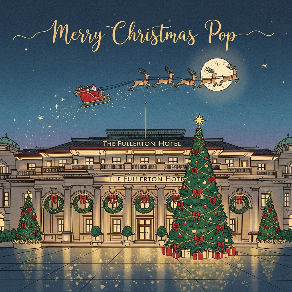 At the top of the Illustration Style image, in elegant hand-lettered warm gold script, Merry Christmas Pop

A sincere, hand-drawn illustration of The Fullerton Hotel Sydney at twilight, rendered with fine ink linework and textured brush strokes over subtle paper grain. Center the historic sandstone facade with its colonnade of arches glowing in honeyed light; wreaths and pine garlands with red bows drape the arches. In front of the entrance, a grand evergreen Christmas tree stands proudly, lavishly decorated with red-and-gold baubles, ribbon garlands, and a soft star topper; smaller decorated trees flank the scene. Foreground paving reflects the warm lights in painterly, slightly speckled strokes, adding depth without harsh shadows.

Above, a deep indigo-to-teal dusk sky provides generous negative space. A luminous full moon hangs high as Santa in a sleigh with reindeer arcs across it—graceful, slightly stylized figures with subtle crimson and gold accents—leaving a faint trail of sparkling stardust. Sprinkle a few gentle stars for a calm, heartfelt mood.

Color palette: warm sandstone ochres, evergreen, cranberry red, brushed gold, soft cream, and velvety twilight blues. Lighting: cozy, candlelit glows with delicate rim highlights; no harsh contrast. Style: Illustration-first, balanced composition, fine linework, textured brush strokes, warm and expressive, soft vignette, portrait orientation, large image with ample sky at the top for the title; no borders, no additional text or logos.
Generated with these themes: The Fullerton Hotel Sydney, Christmas trees decorated, Santa in a sleigh with reindeer on the sky, and .
Made with ❤️ by AI.