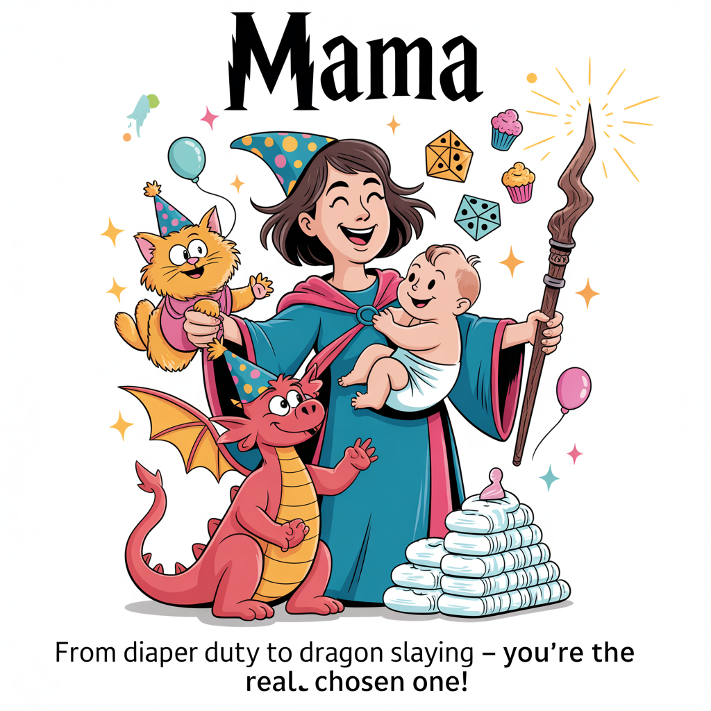 At the top of the image, "Mama":  

At the bottom of the image, "From Diaper Duty to Dragon Slaying – You’re the Real Chosen One!"  

- In the center, illustrate a bright, playful cartoon scene: A cheerful, slightly tired-looking mama in wizard robes (reminiscent of Harry Potter), balancing a baby in a diaper on one hip while holding a magic staff in the other.  
- A small, chubby cartoon dragon in a party hat sits at her feet, playfully pawing at a stack of diapers like treasure.  
- A fluffy orange cat wearing a tiny wizard hat rides in a baby sling across her chest, swatting at floating, glittery D20 dice in the air.  
- Behind her, a whimsical, colorful backdrop with floating balloons, cupcakes, and sparkles fills the scene.  
- Everything in exaggerated, thick-outlined, saturated cartoon style, with energetic, joyful poses and a celebratory mood.  
Generated with these themes: Diapers, looking after people, cats, being a mommy , DND, Harry Potter , and .
Made with ❤️ by AI.