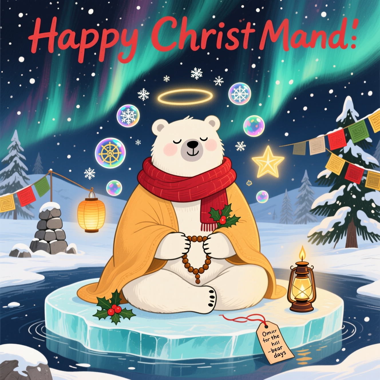 Polar bear  bubbles buddhism , and Christmas Card