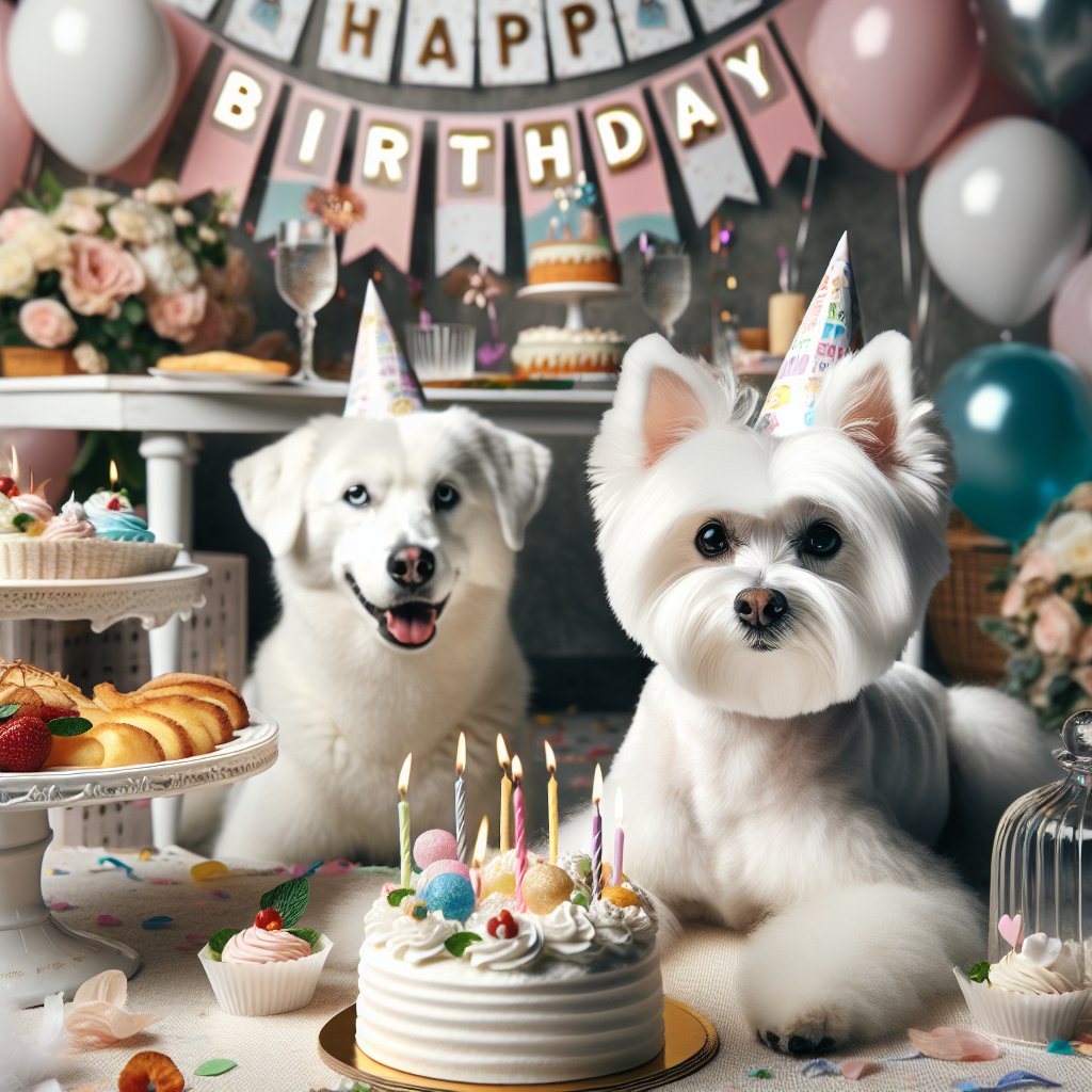 White Maltese terrier, Pure white husky, and Maltese and white husky with happy birthday banner at party table Birthday Card
